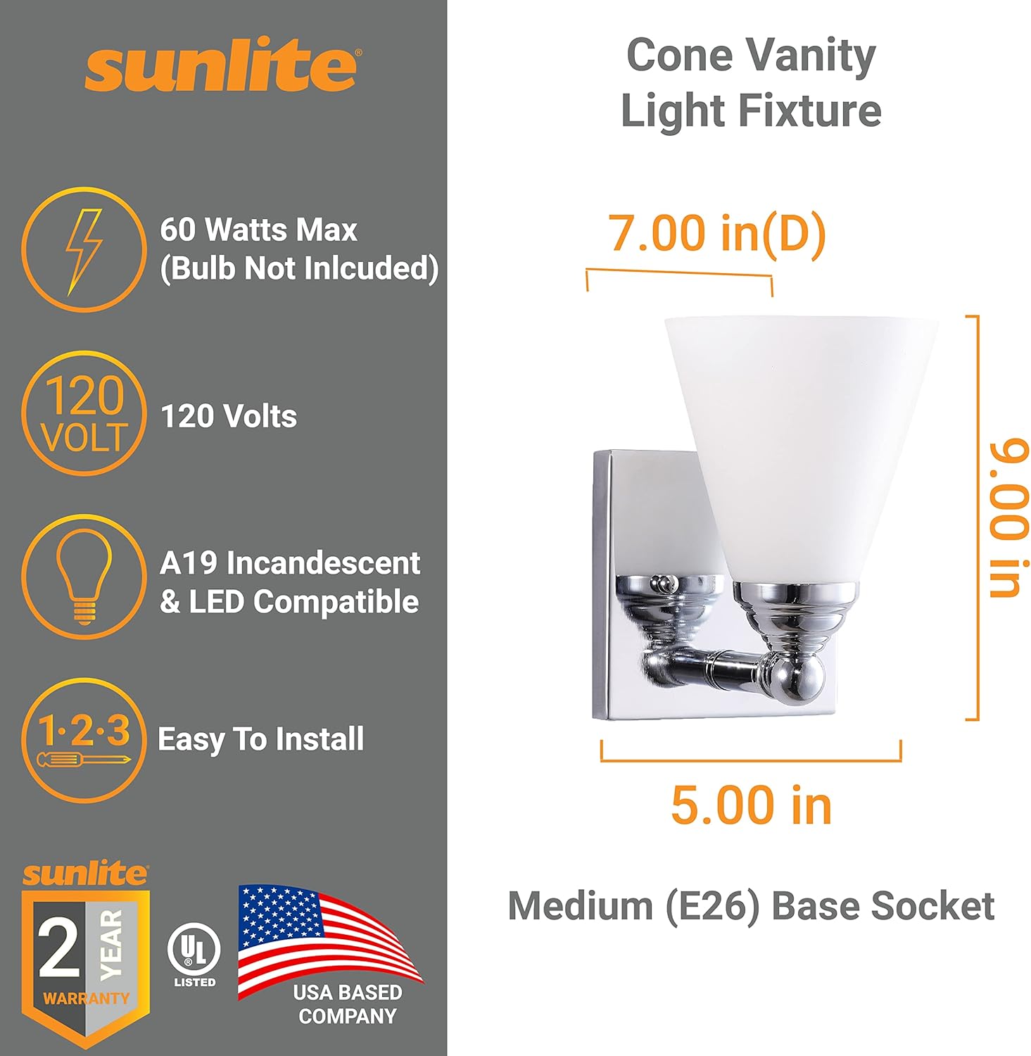 Sunlite Cone Shade Vanity Light Fixture, Wall Mount, Medium (E26) Socket, Standard A19 Bulb Required (60W Max), Bathrooms, Powder Rooms, Frosted Glass Shade, Brushed Nickel Base 1-Light