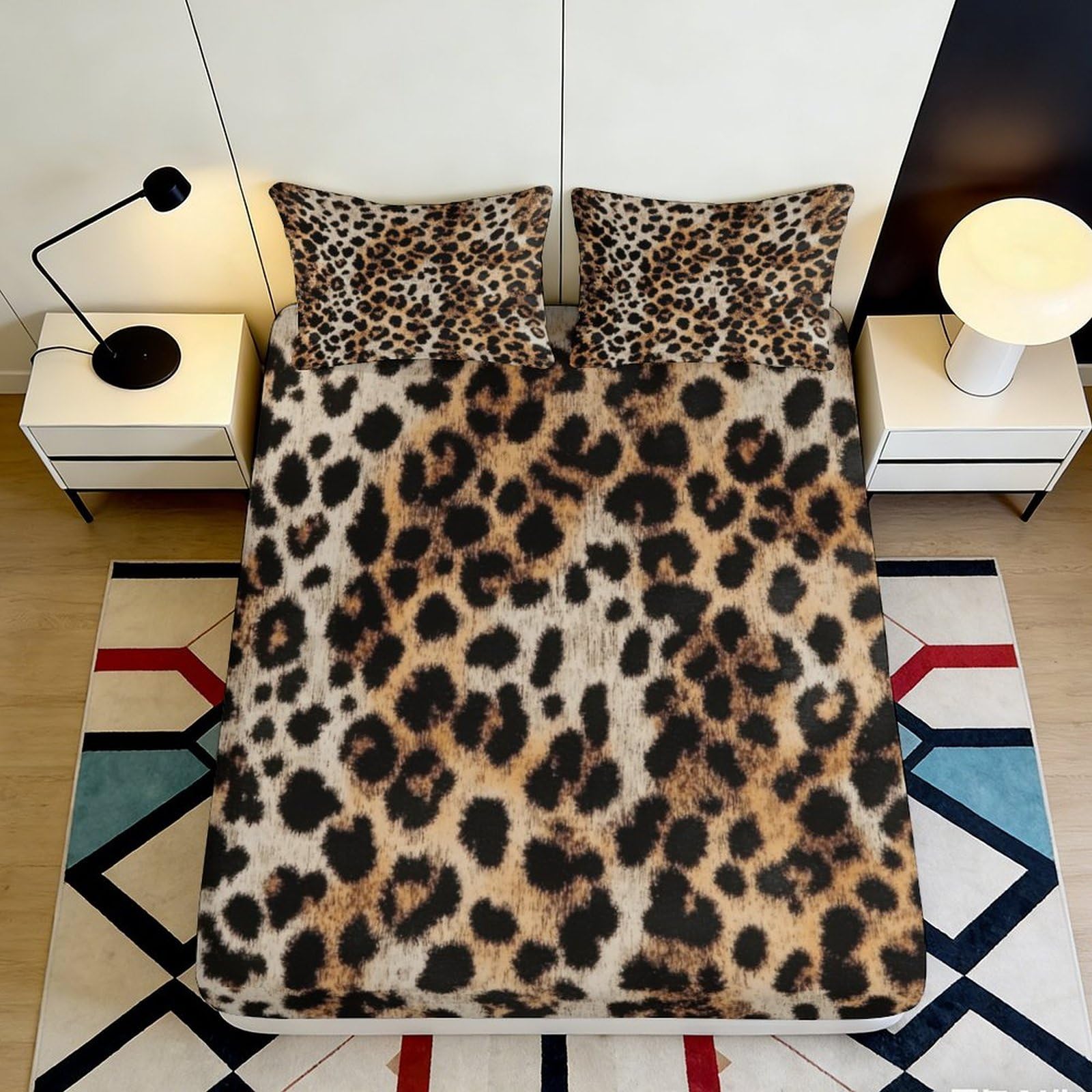 3D Printed Leopard Pattern Fitted Sheet Microfiber Soft Animal Skin Design Mattress Cover for Bedroom Dorm Decor 180x200x25cm