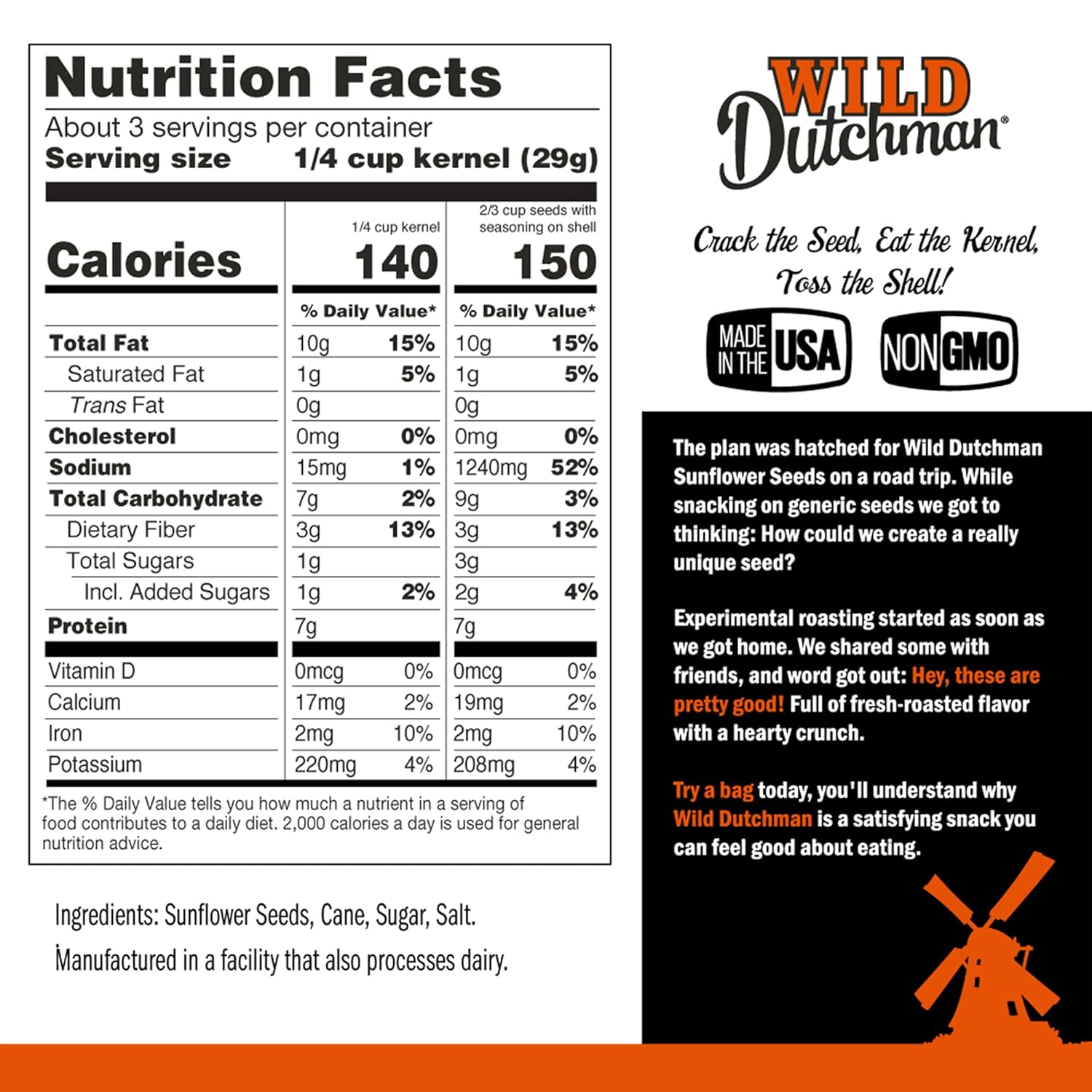 Wild Dutchman Sunflower Seeds, Non GMO, Low Salt Keto Friendly, Original Flavor, Grown in the USA - 13 Oz / Pack of 6