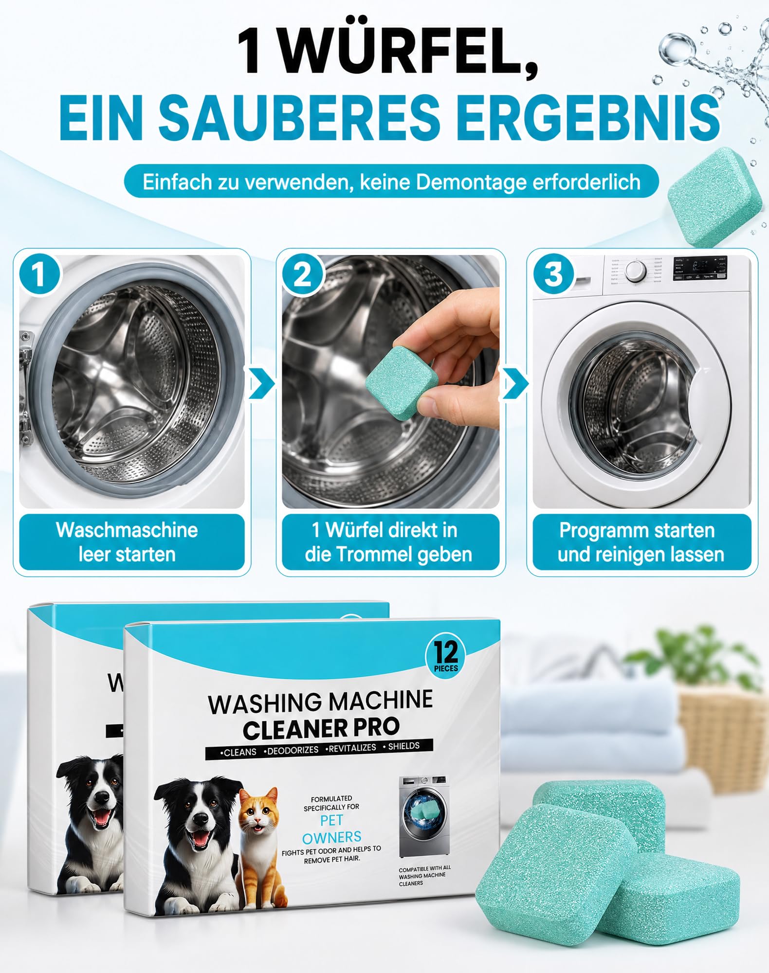 Fellex Waschmaschinenreiniger Pro, 36 pcs mit Keratinase Tierhaare | KeraCLEAN Reiniger Hundedecken-Tiefenwirksame Tabs löst Tiergerüche und Schmutz in Trommel und Dichtungen nach Haustierwäsche