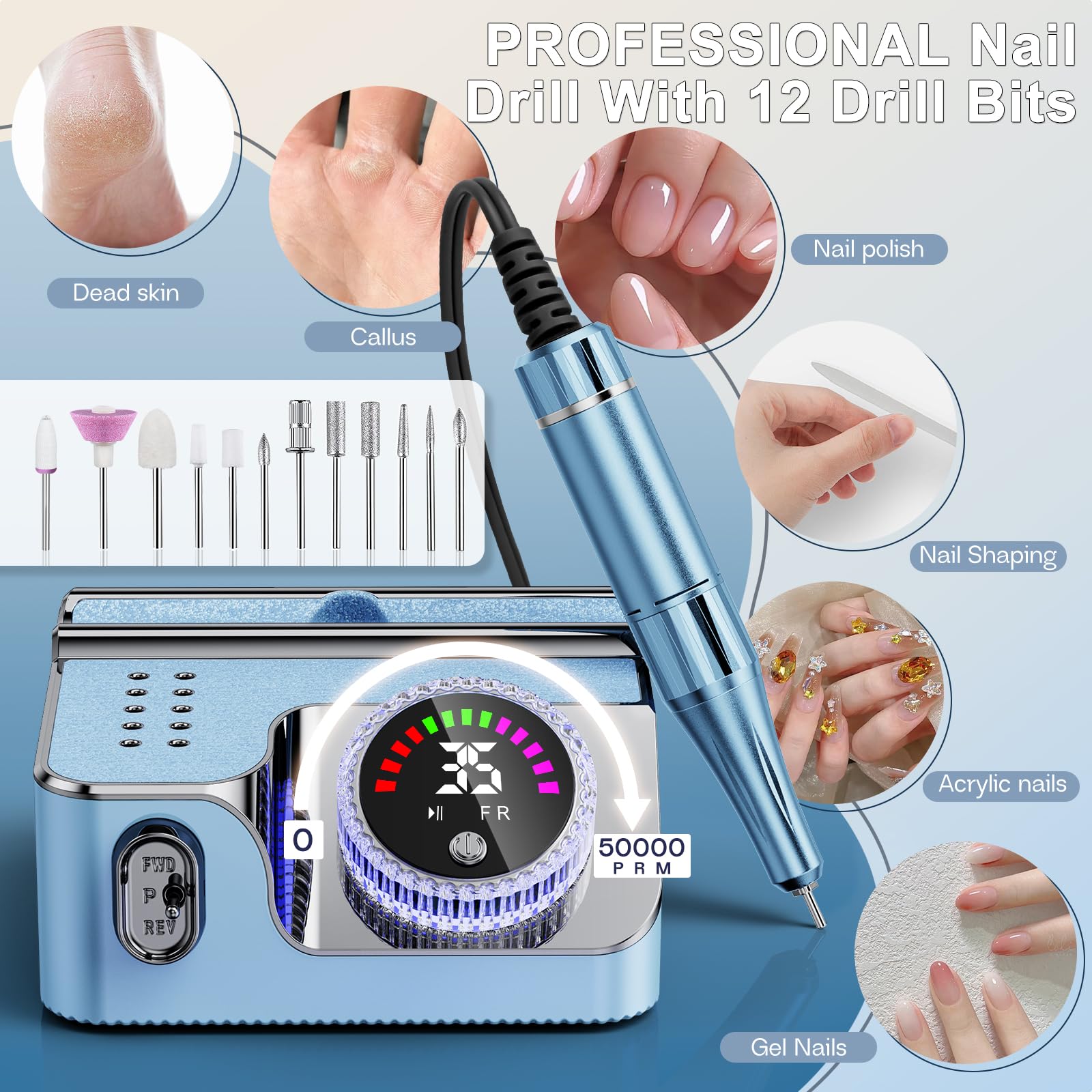 Taladro de uñas eléctrico portátil para uñas acrílicas (azul claro)