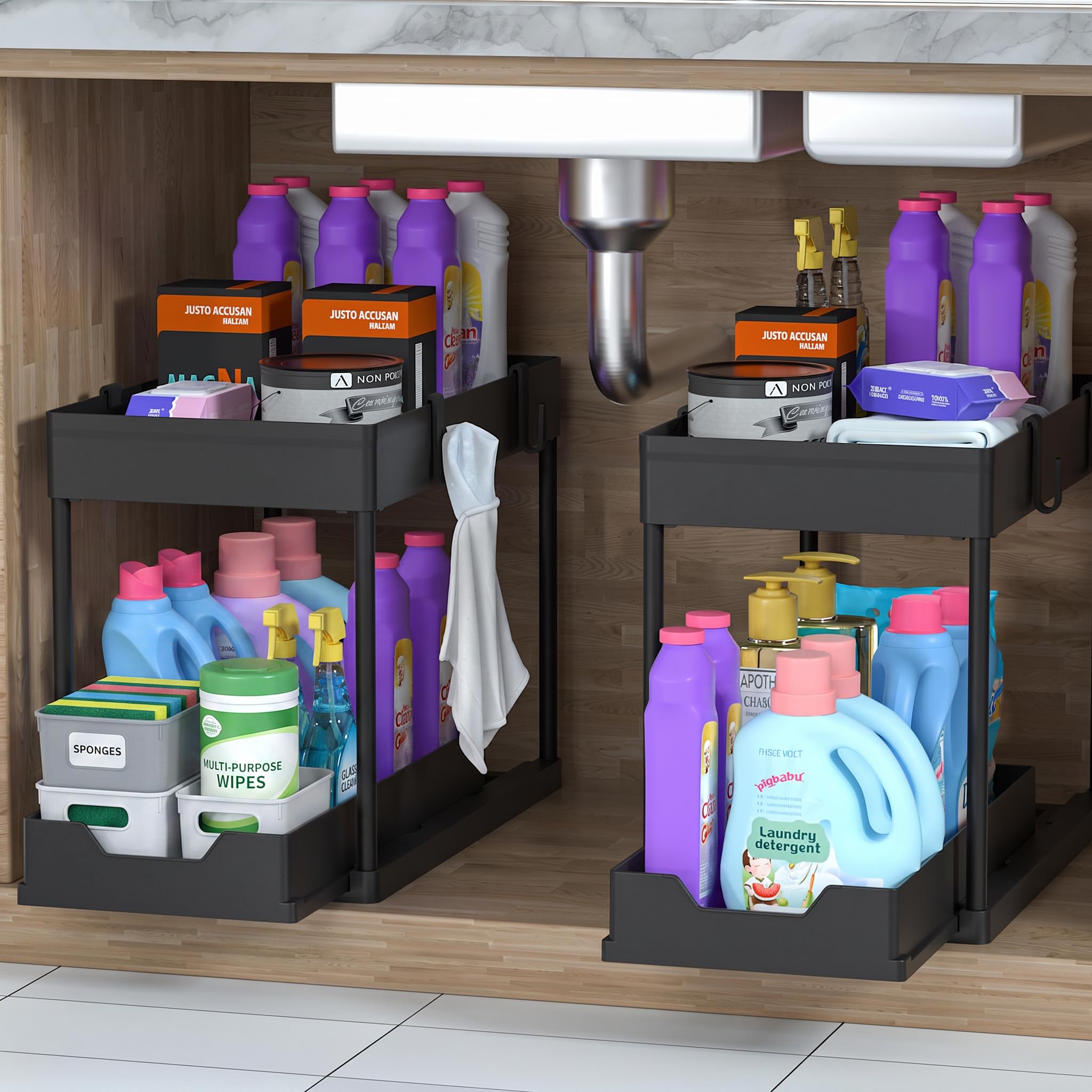 DEKAVA Organizador Bajo Fregadero Deslizable 2 Niveles, Estante del organizador de la cocina de gran capacidad, almacenamiento deslizante bajo la cocina, baño, fregadero doméstico, negro