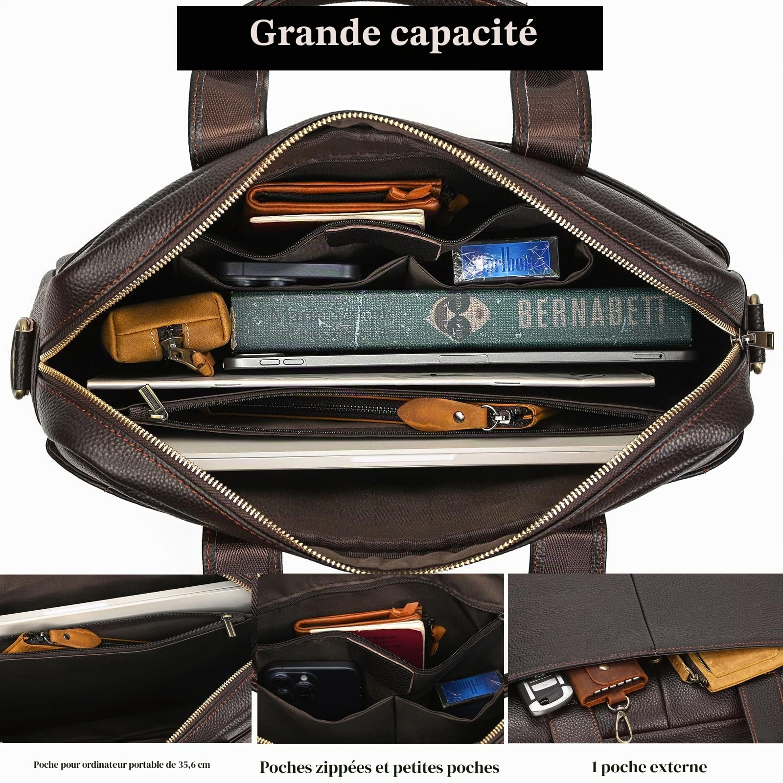 Sac Business Mallette homme Cartable Sacs Business en Cuir Véritable 14 Pouces Porte Document Sac à Bandoulière d'affaires, 3315 Marron