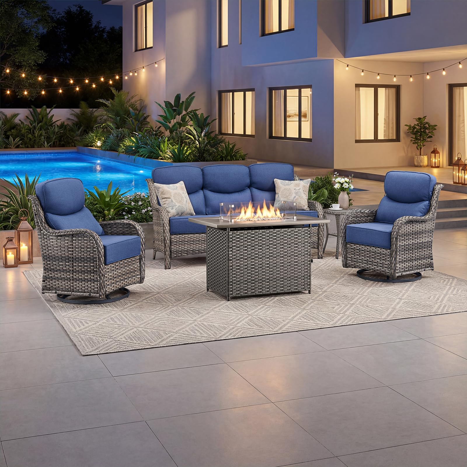 Luxury Patio Furniture Set with 6-inch Thick Cushion, Outdoor Furniture with Fire Pit Table, Swivel Chairs, Side Table, Sofa, 5pcs Wicker Conversation Set for Deck Yard Grey Wicker | Blue Cushion