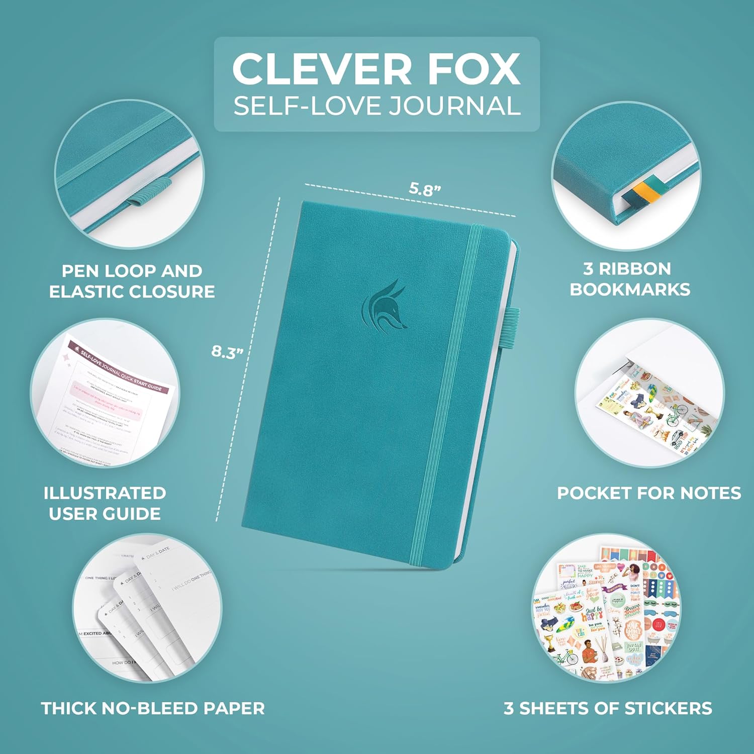 Clever Fox Self-love Journal – Guided Self-Discovery Log for Self-care, Reflection & Self-help, Mental Health, Gratitude & Mindfulness (Turquoise)
