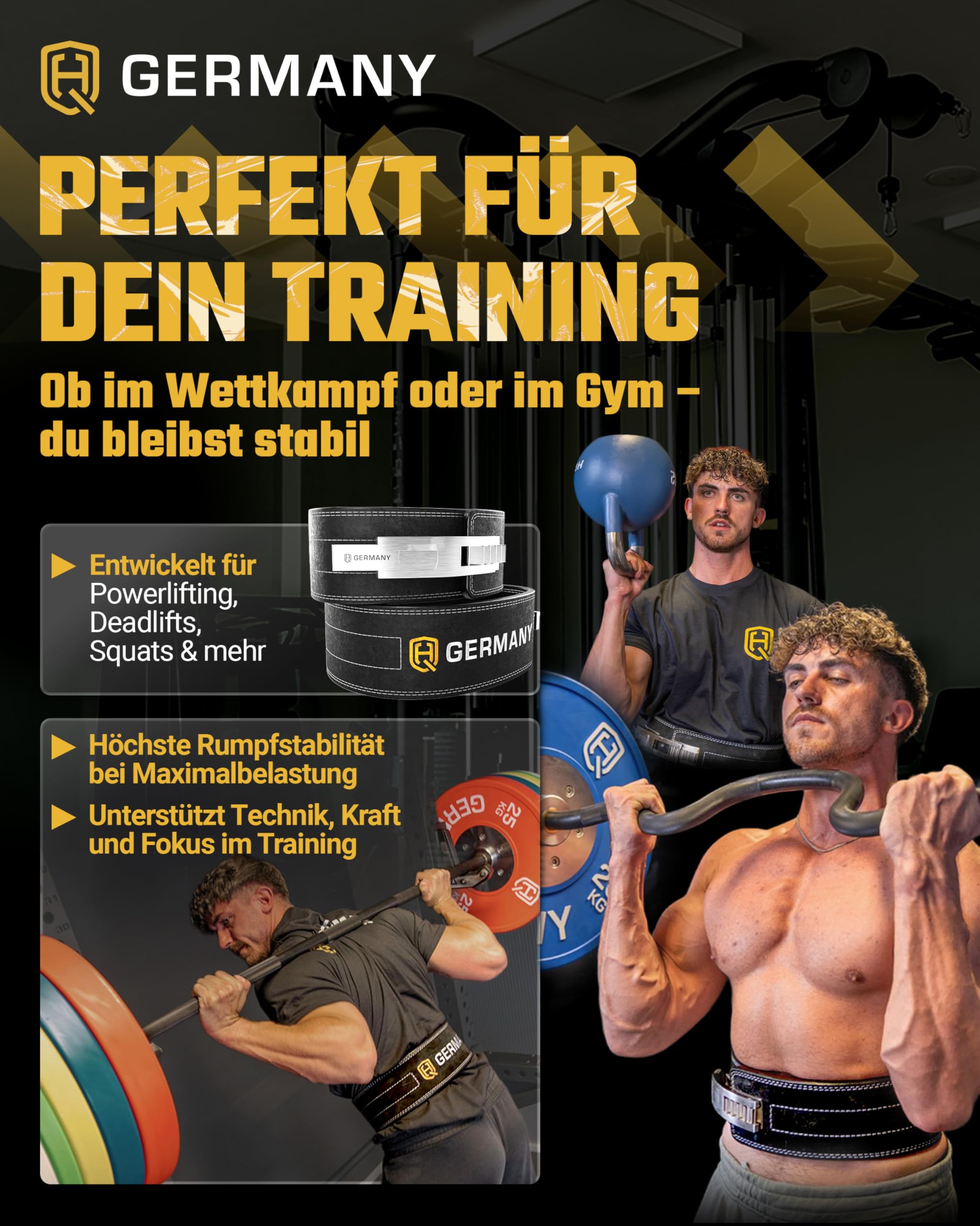 HQ Germany® Gewichthebergürtel S-XL [Echtleder] - Weightlifting Belt | 100% Rindsleder, doppelläufige Naht, veredelte Kanten, Edelstahl-Schnalle, verklebte Lederschichten, knarzfrei