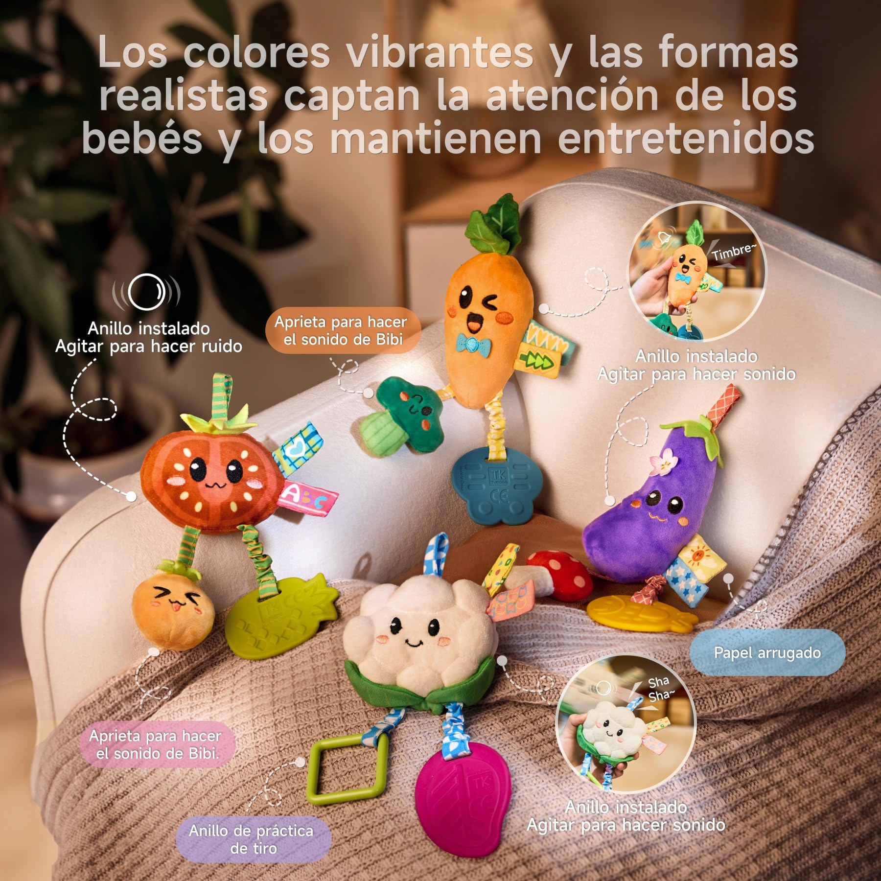 TUMAMA KIDS Juguetes Bebes 0 3 6 9 12 Meses, Sonajero Colgante para Cochecito, Juguetes Sensoriales Bebe para Niño y Niña, Paquete de 4