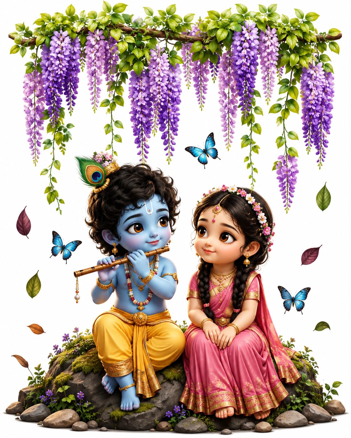 Radha Krishna Wall Art Sticker, Child-Style, 60x60 cm | Devotional Decal, Wisteria Flowers, Butterflies-image-35