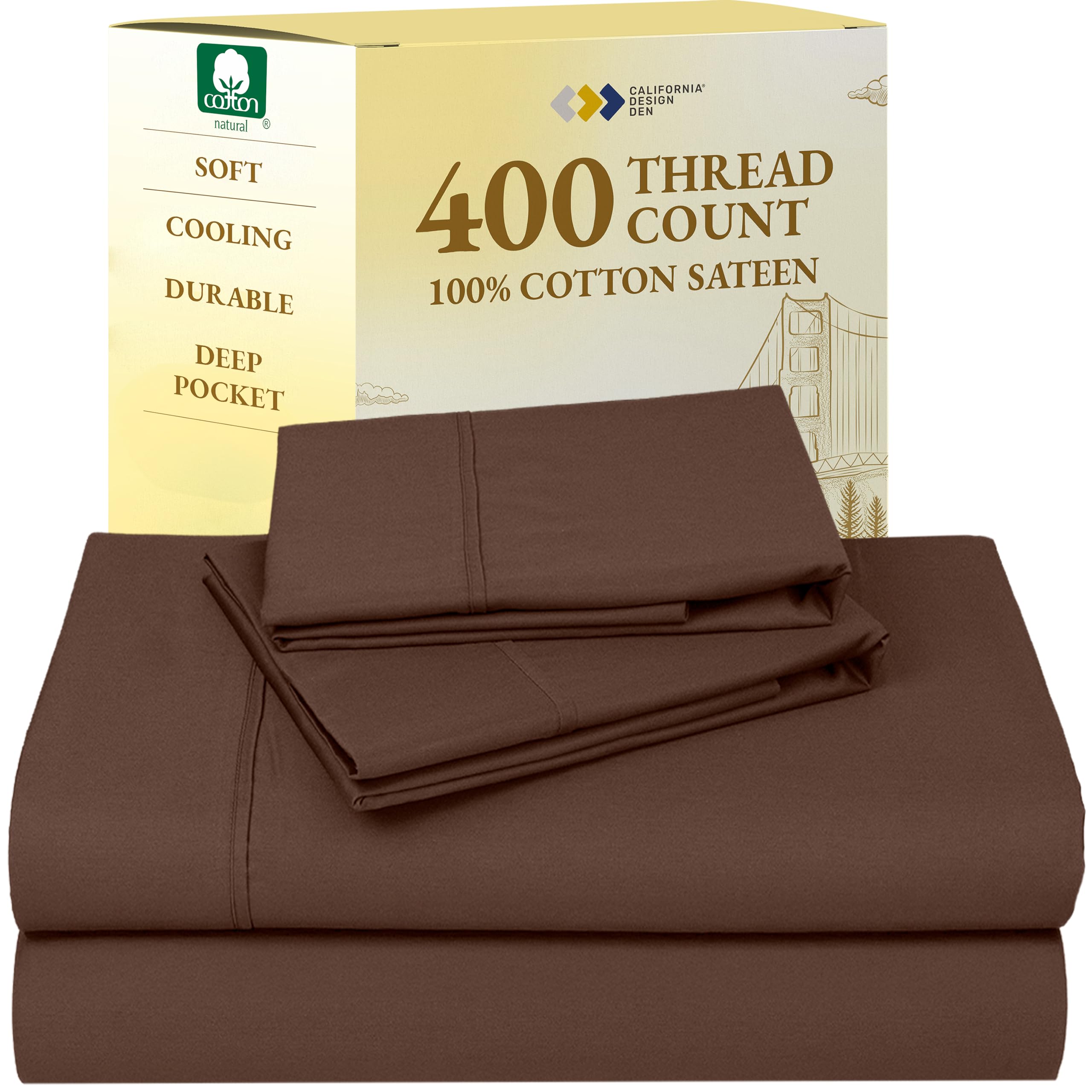 california design den queen sheet set - soft 400 thread count sateen, natural 100% cotton sheets for queen size bed with deep pockets, and durable bedding set - espresso chocolate brown