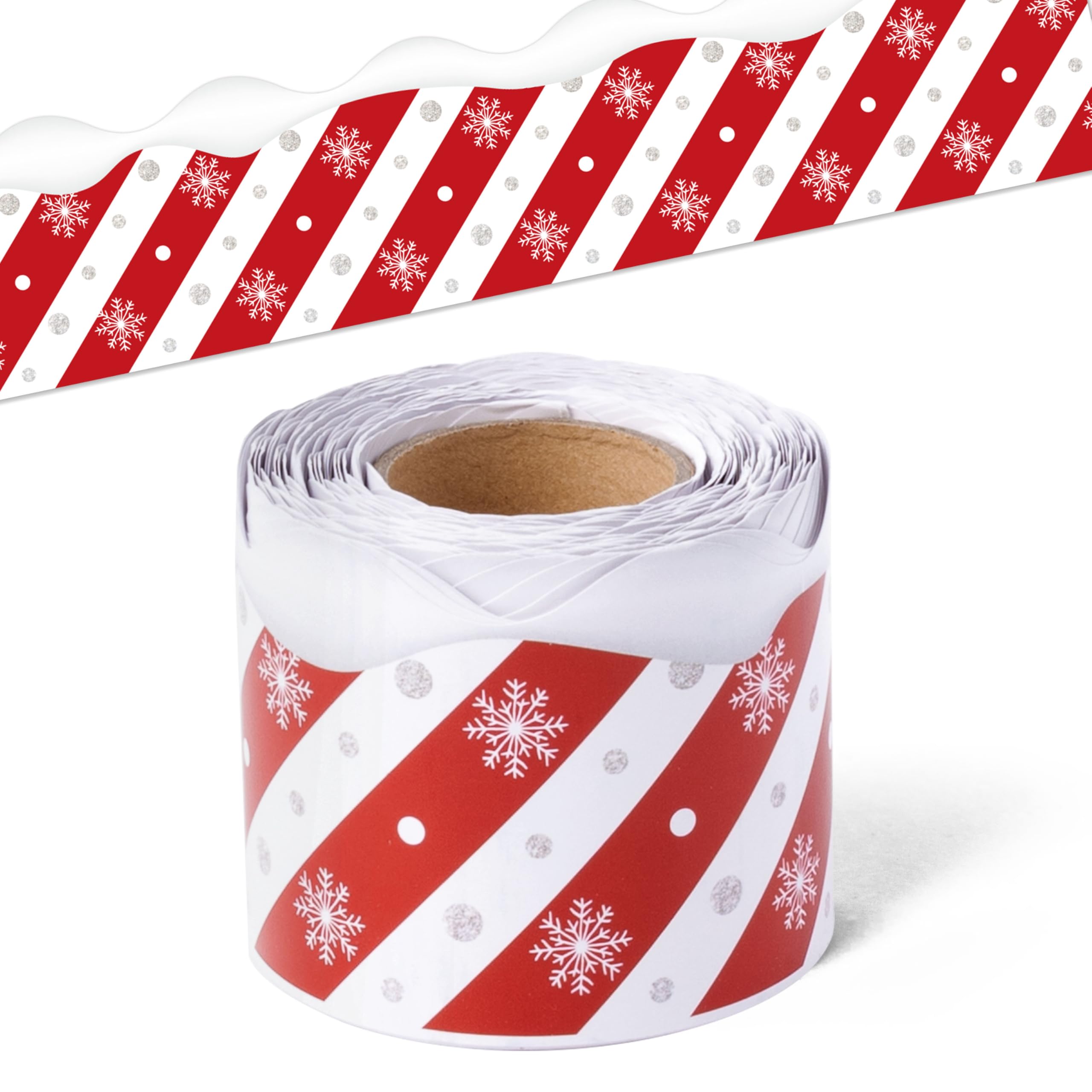 BeYumi Christmas Stripe Border Trim - 65ft Winter Christmas Candy Cane Stripes Snowflake Rolled Border Trim Xmas Red and White Bulletin Board Borders School Classroom Office Chalkboard Party Decor