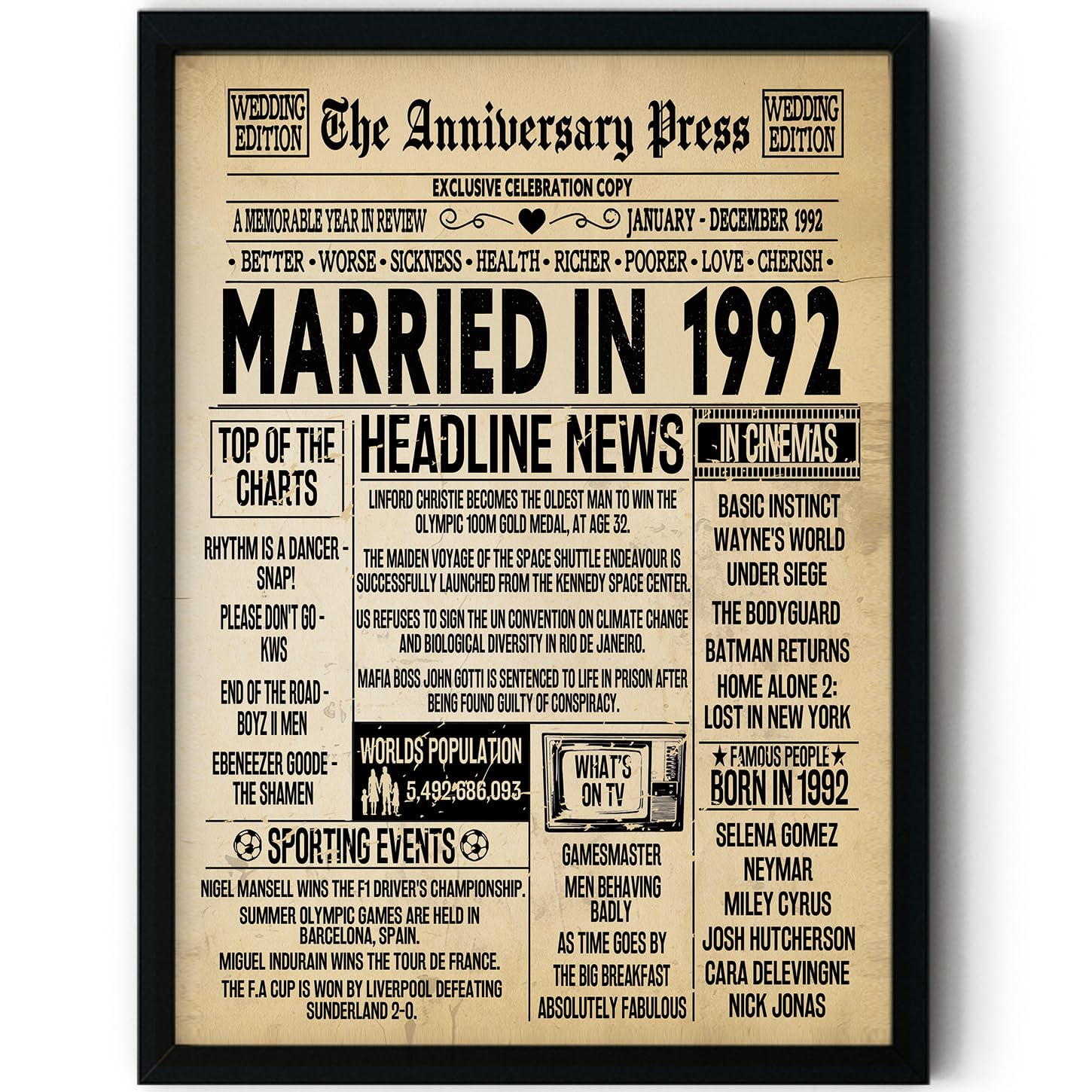 Stuff4 Men's 1992 34Th Anniversary Poster Framed - Married In Newspaper - 34 Wedding Anniversary For Wo Retro Vintage Gifts Back In 8X10 Inch Anniversaries Posters