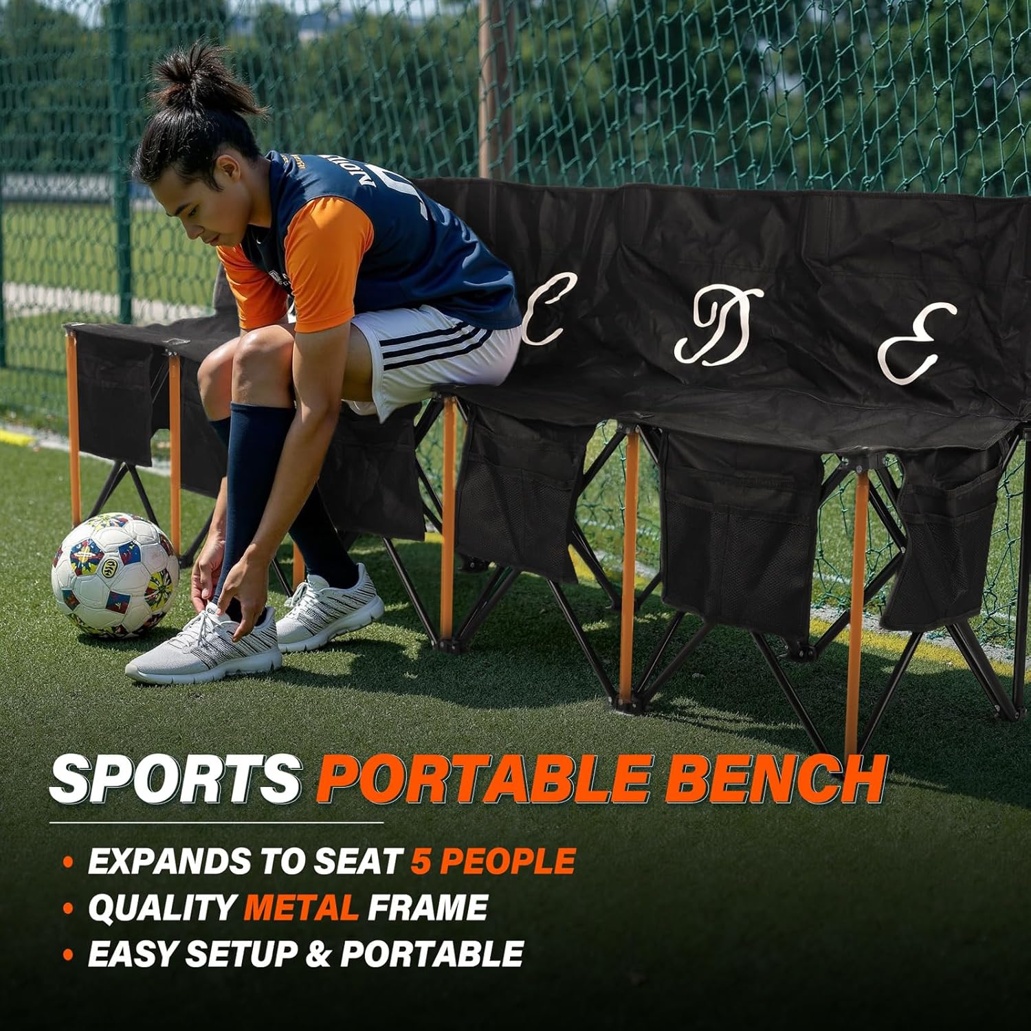 Portable Soccer Bench–5 Seat Folding Team Chair with 7 Individual Storage Pouches–Sideline Seating for Soccer,Baseball,Camping, Folding Bench,Black