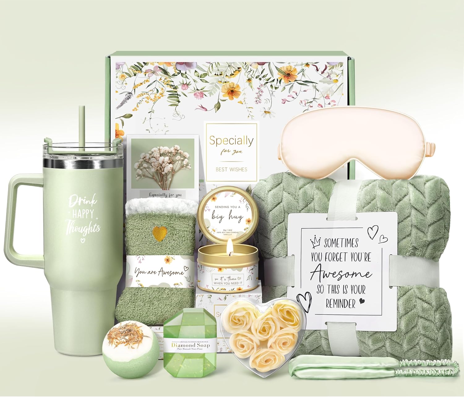 Birthday Gifts for Women Self Care Get Well Soon Gifts, Vanilla Relaxing Spa Gift Basket - Happy Birthday Set w/ Luxury Flannel Blanket & 40 oz Tumbler, Unique Christmas Gift for Mom Her Wife Sister
