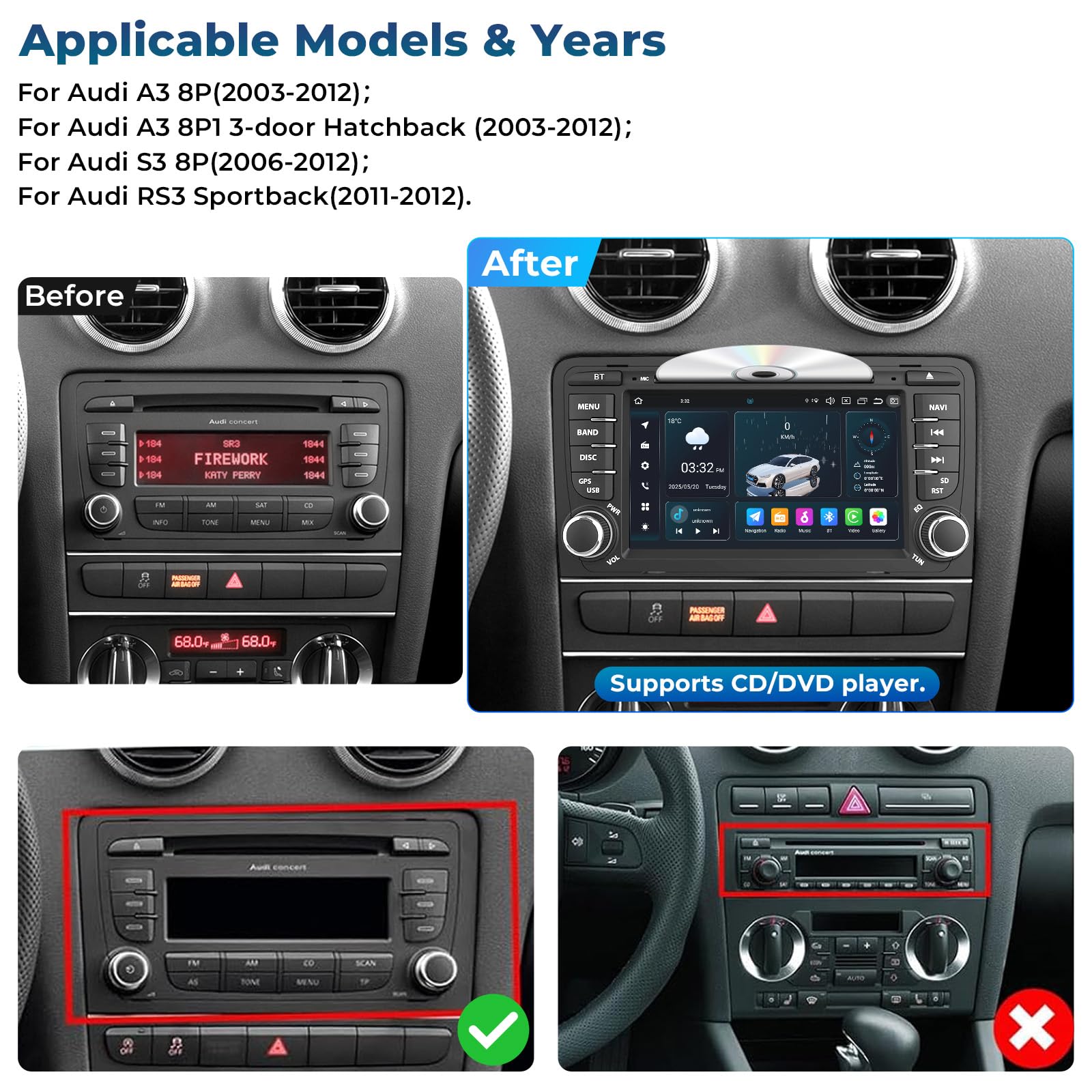 7 pollici Autoradio per Audi A3 S3 RS3 8P con lettore CD/DVD, unità principale 4+64GB Giroscopio integrato Wireless Carplay/Android Auto Navigatore GPS WiFi 4G Bluetooth FM/AM RDS DSP SWC