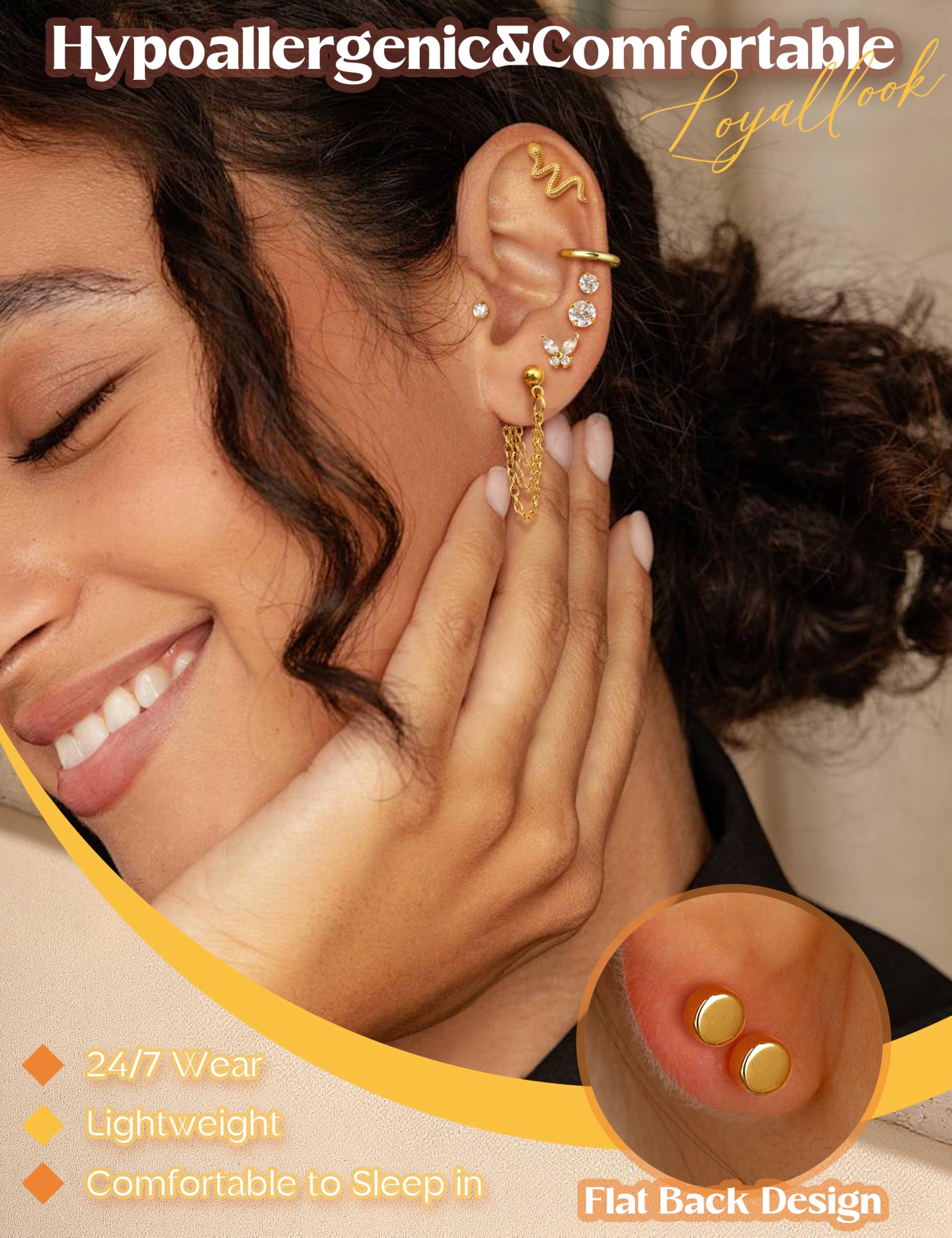 LOYALLOOK 20G Cartilage Earrings for Women Hypoallergenic Surgical Stainless Steel Stud Hoop Cartilage Earring Set 14K Gold Plated Flat Back Earrings Daith Conch Tragus Helix Piercing Jewelry Single