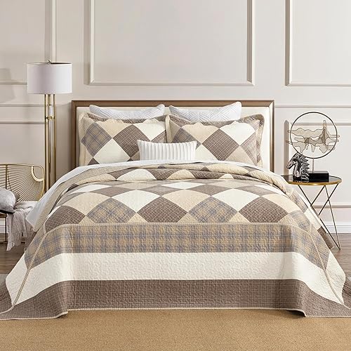 Miniatura 2 de Juego de colcha extragrande de tamaño King de 120 x 120 pulgadas, 100% algodón, ligera, acolchada, estilo granja, 3 piezas, marrónbeigecaqui