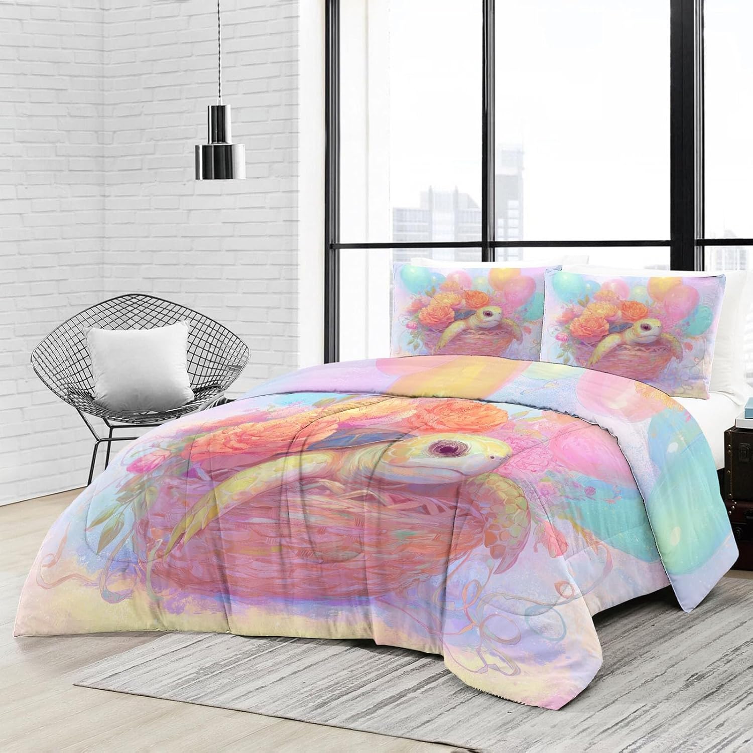 Comforter Set with 1 Pillow Sham, 2 Piece Soft Microfiber Twin XL Bed Comforter, Cartoon Turtle Flowers Printed Kids Bedding for Boys and Girls, Breathable, Easy Care, Pink