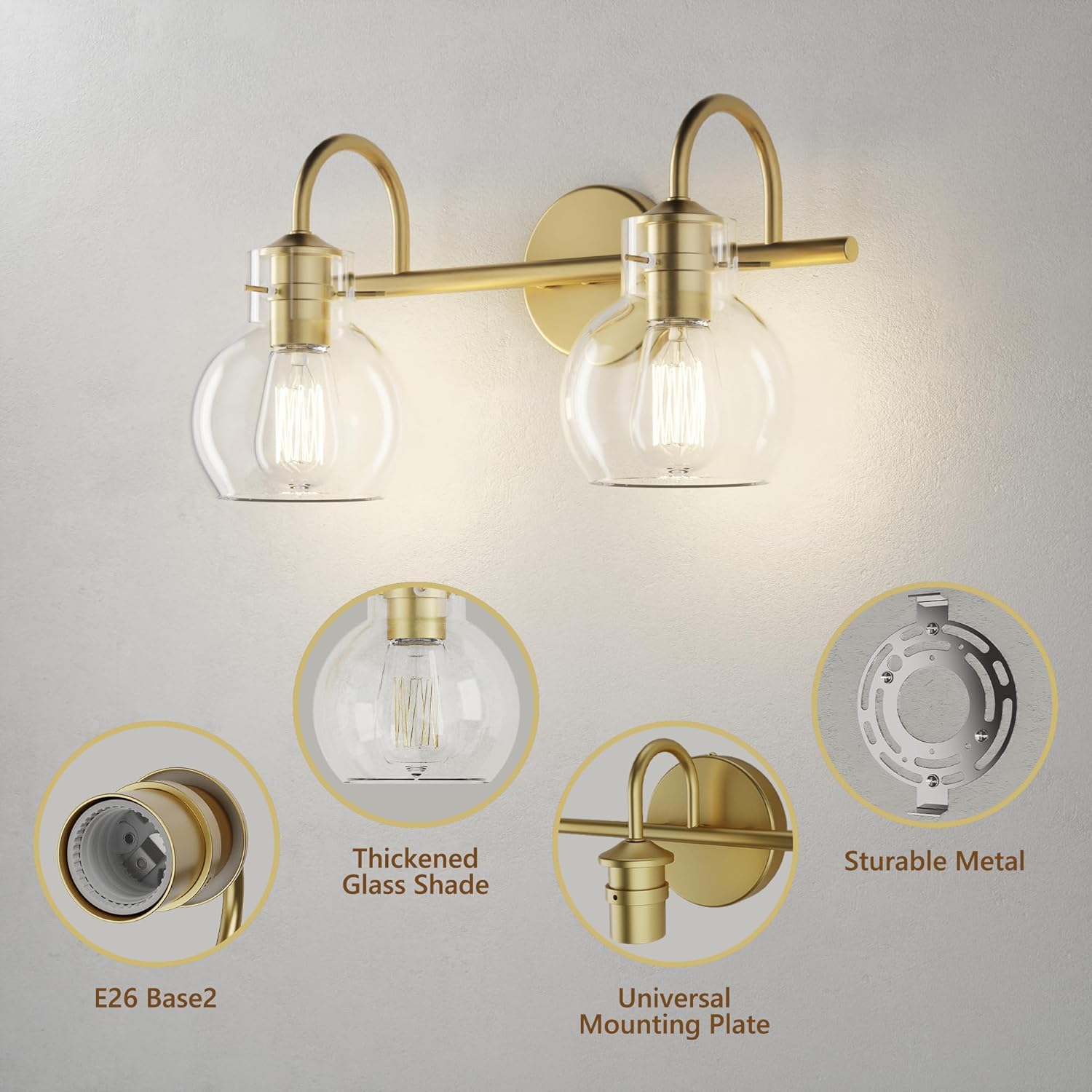 2-Light Gold Bathroom Light Fixture, Modern Bathroom Vanity Light Over Mirror Two Light Brushed Gold Vanity Lights for Wall Sconce Lighting, E26 Base,Gold