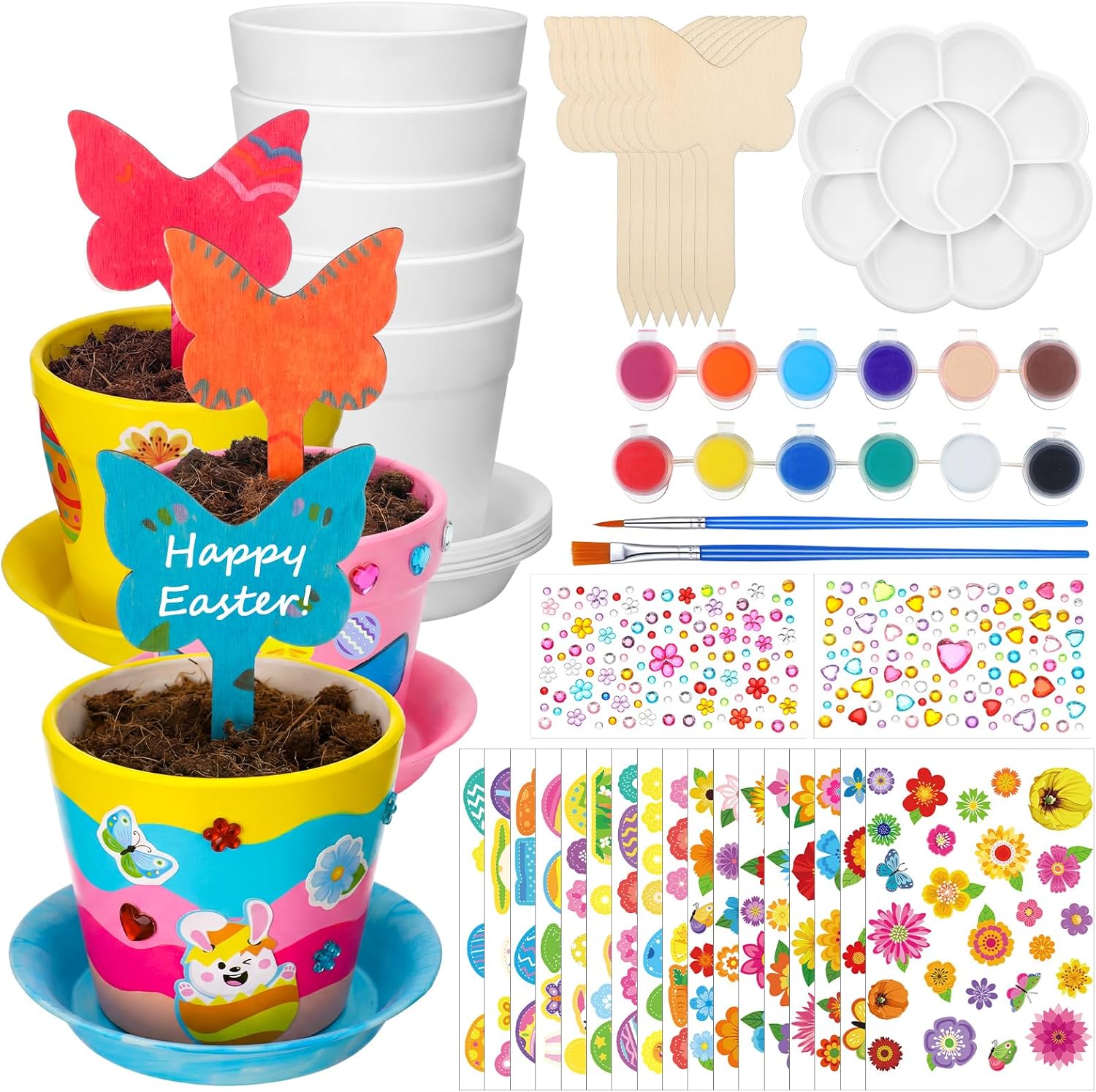 48 Set Paintable Flower Gardening Kit Bulk DIY Paint and Plant Garden Plastic Flower Pot with Tray Stickers for Home Easter Party Art Mother's Day Spring Gifts Gardening Summer Activities