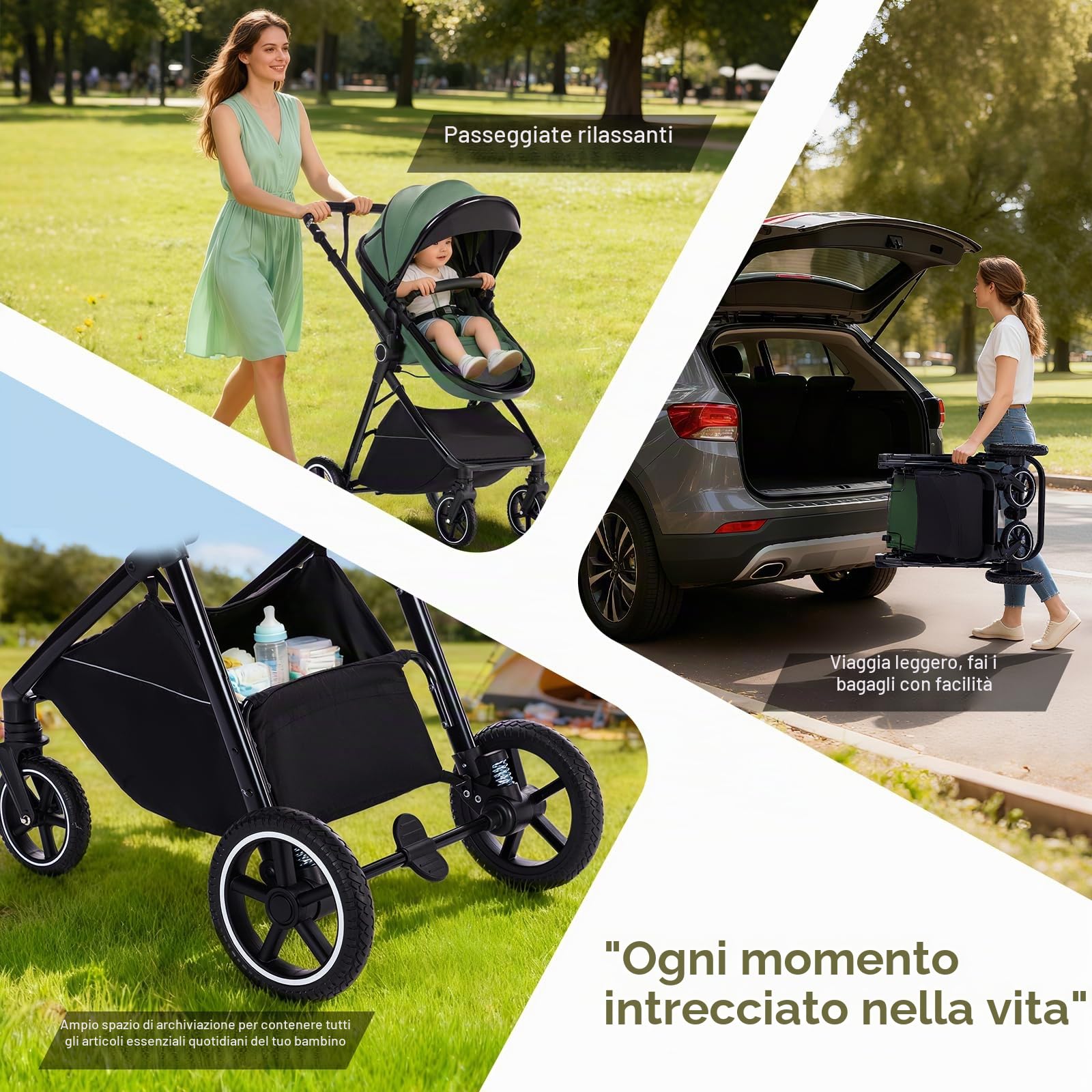 Zkiprm Passeggino trio, Set passeggino con Sedile & ISOFIX BASE(Kaki)