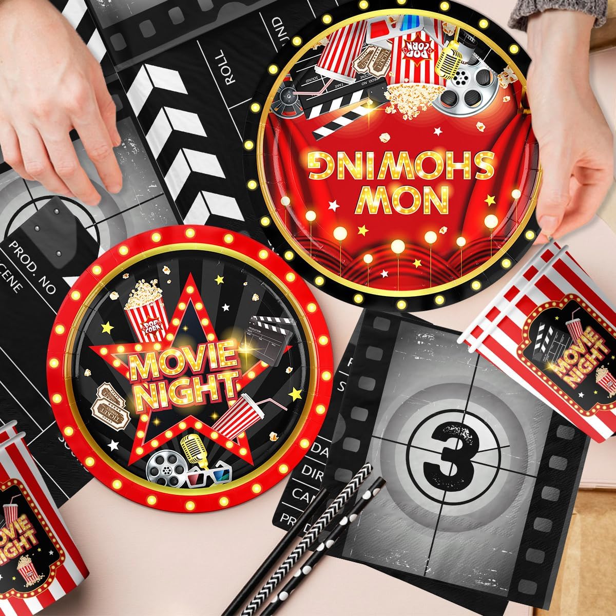Movie Night Supplies, Drive In Movie Party Tableware Set Include Now Showing Paper Plates Movie Clapboard Napkins and Hollywood Cup for Movie Theater Party Decor,Movie Star Birthday Favors