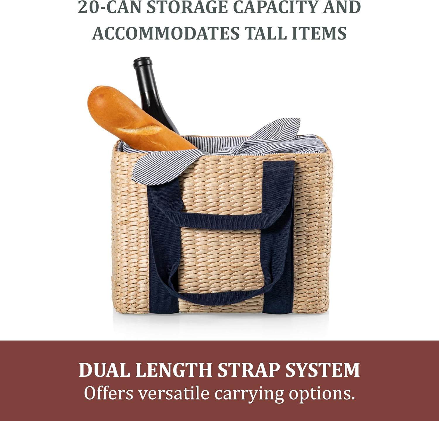 Picnic TIME Parisian Picnic Basket, Insulated Seagrass Picnic Basket, Waterproof, Stylish, Perfect for Picnics, Beach, Office Lunches, Dinner Parties, and Gifts (Beige with Navy Blue Accents)