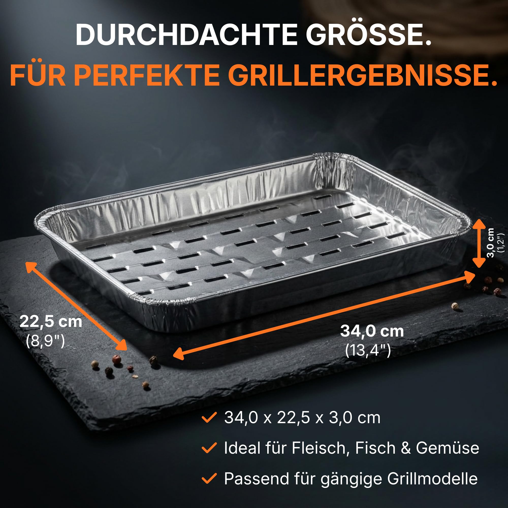 Einweg-Grillschalen aus Aluminium 34 x 22,5 x 3 cm mit, 50 Stück | Lüftungsschlitzen, Hitzebeständige Alu Grillschalen groß, BBQ Grillpfanne für Grill & Backofen, Aluschalen, Grilltassen, Tray