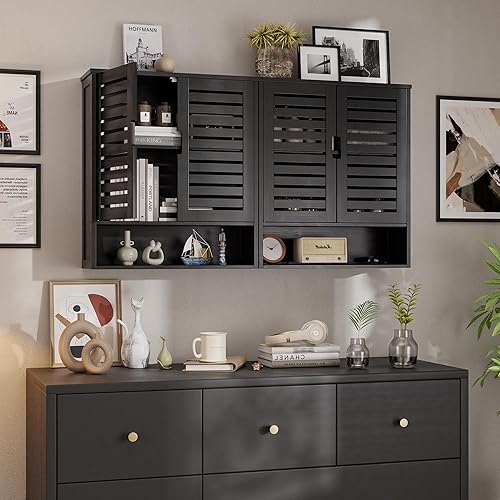 Miniatura 5 de SMIBUY Armario de baño montado en la pared, organizador de almacenamiento de bambú sobre el inodoro, botiquín ahorrador de espacio con 2 puertas y