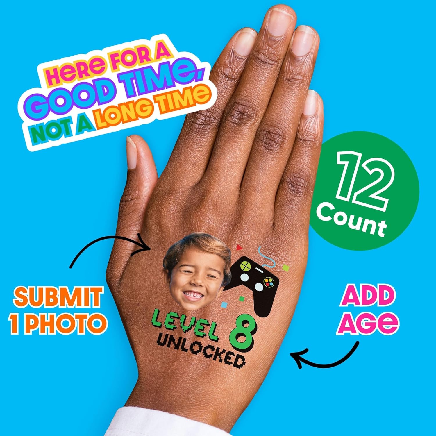 Big Dot of Happiness Custom Photo Video Game Birthday Temporary Tattoos, Personalized Pixel Video Game Zone Birthday Party Favors for Boys, Set of 12 Face Cutout and Age Tattoos