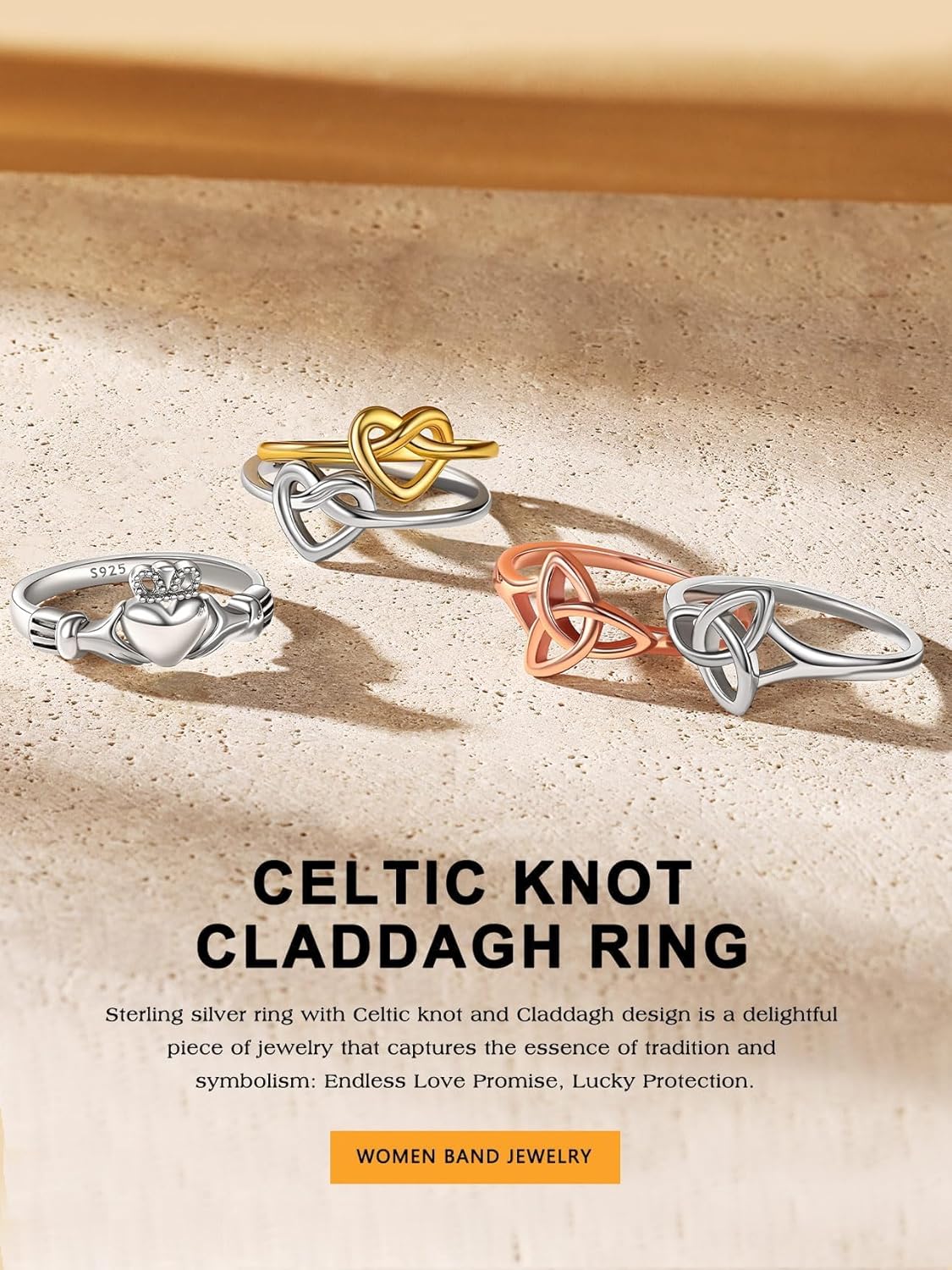 Bestyle 925 Sterling Silver Ring for Women, Minimalist Claddagh Ring Celtic Knot Ring for Women, Irish Promise Wedding Band, Gold/Rose Gold Vermeil Women Band Ring, Stackable, Gift for Her - Image 8