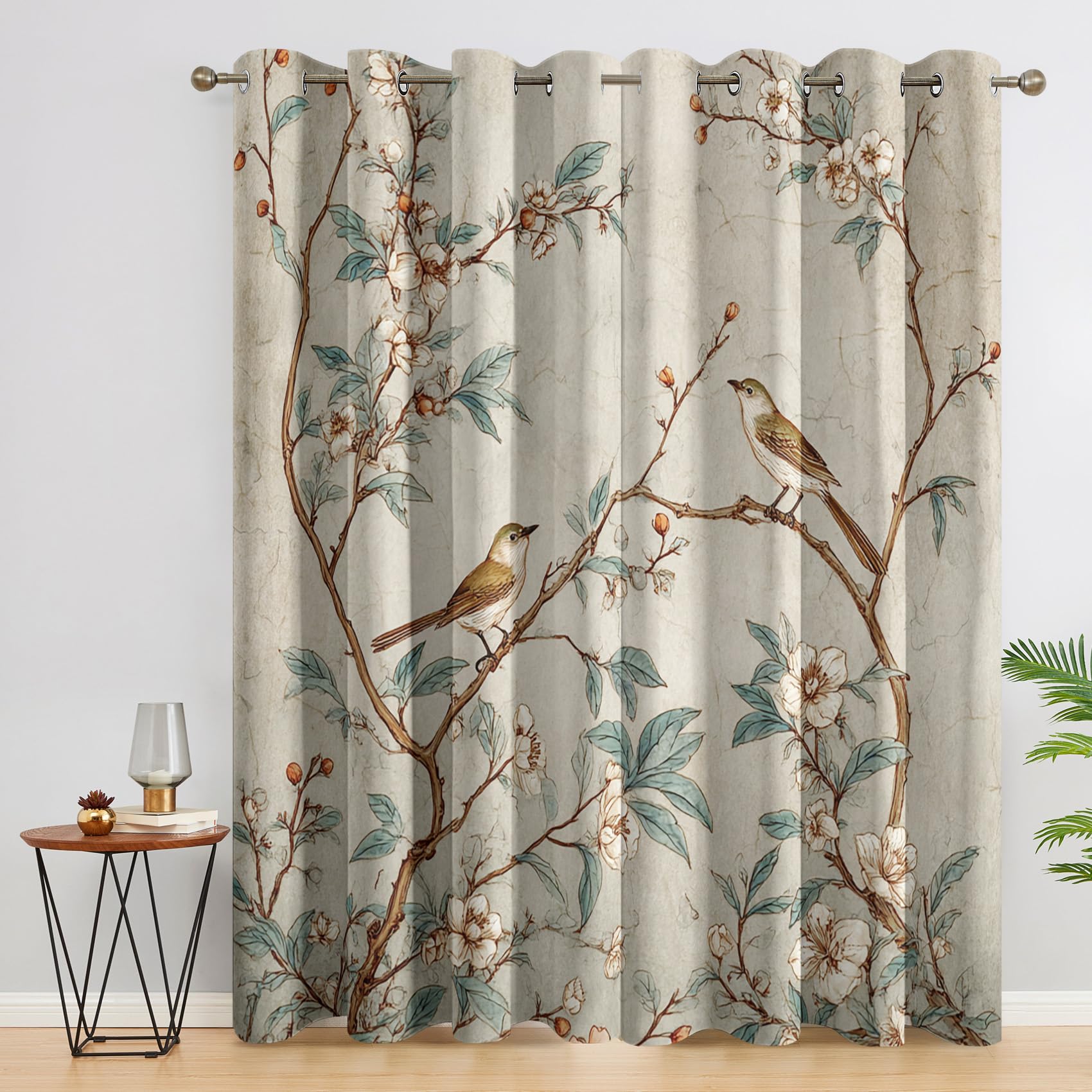 Rideaux Occultant Fleurs Oiseaux, Rideau Isolant Thermique pour Salon Chambre, Motif Branche d'arbre, Lot de 2 Décoration de Fenêtre Opaque 140x200cm LxH, à Oeillets