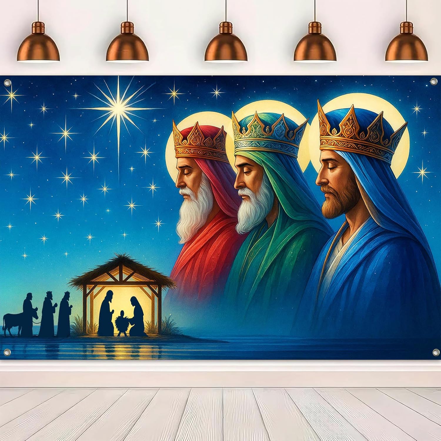 Condition photo showing New/Like New for HOMETITUTE Christmas Banner 71x43 Inch Three Kings Day Backdrop Nativity Scene Puerto Rican Epiphany Religious Holiday Decoration for Church Party Cultural Photo Display Indoor Outdoor Three Kings Day Banner#17