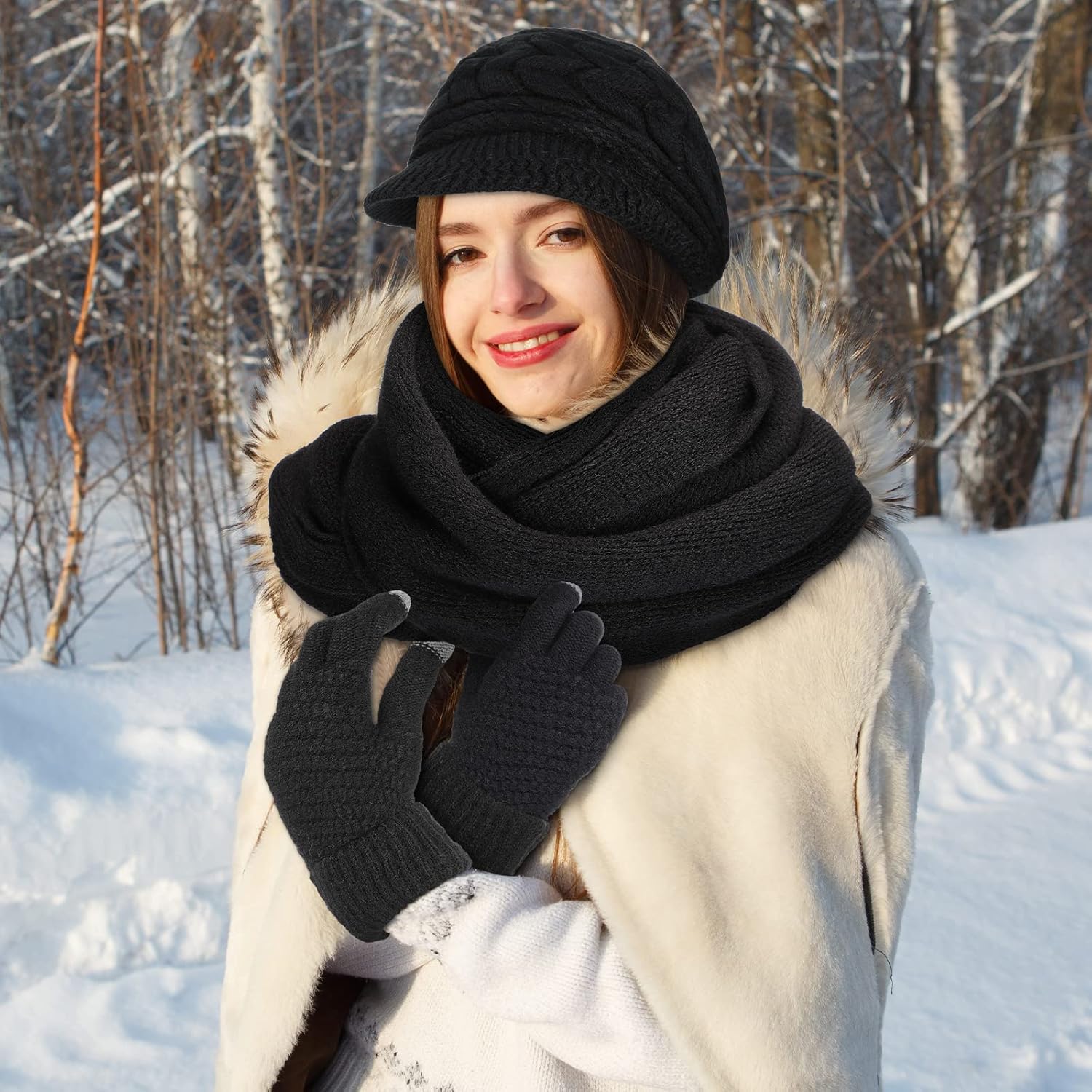 6 Pcs Winter Hat Gloves Scarf Set for Women Warm Knitted Beanie Hat Mittens Scarves Slouchy Visor Hats Scarf Gloves - Image 7