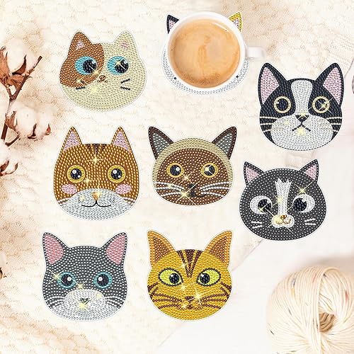Miniatura 2 de TDOOW Portavasos de arte de diamantes para gatos, 8 piezas de posavasos de pintura de diamantes con soporte y almohadillas de corcho, suministros de