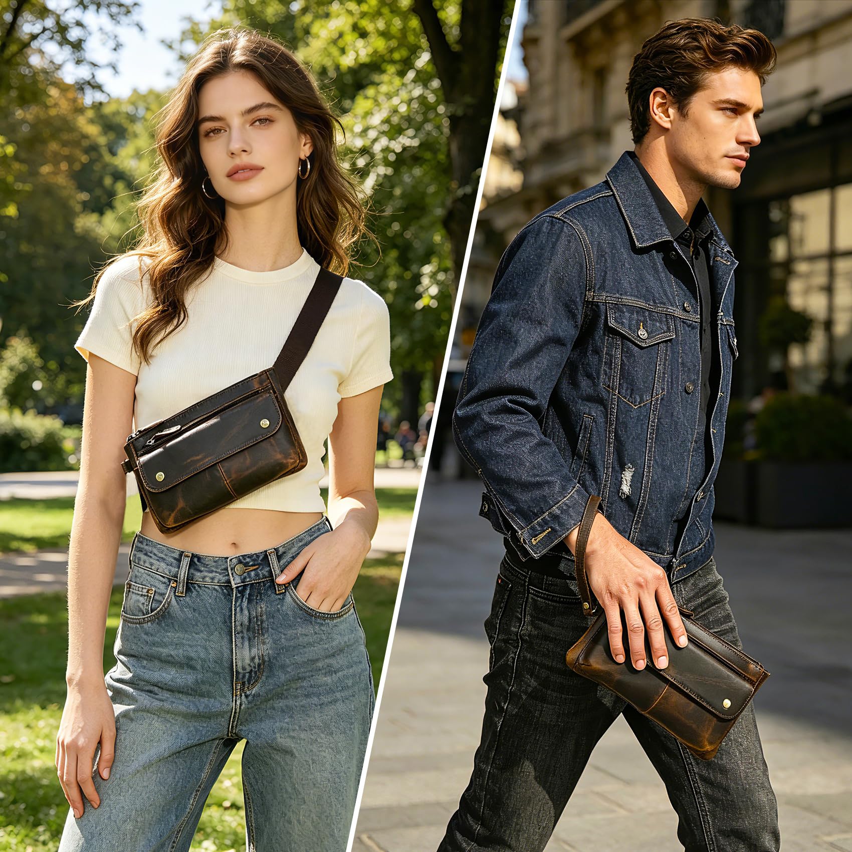 Lona+Cuero Genuino, Bolsa de cinturón al Aire Libre de Senderismo Fanny Cintura Bolsa telefónica para Hombres y Mujeres FB811-29 (100% Cuero - 8136 marrón)