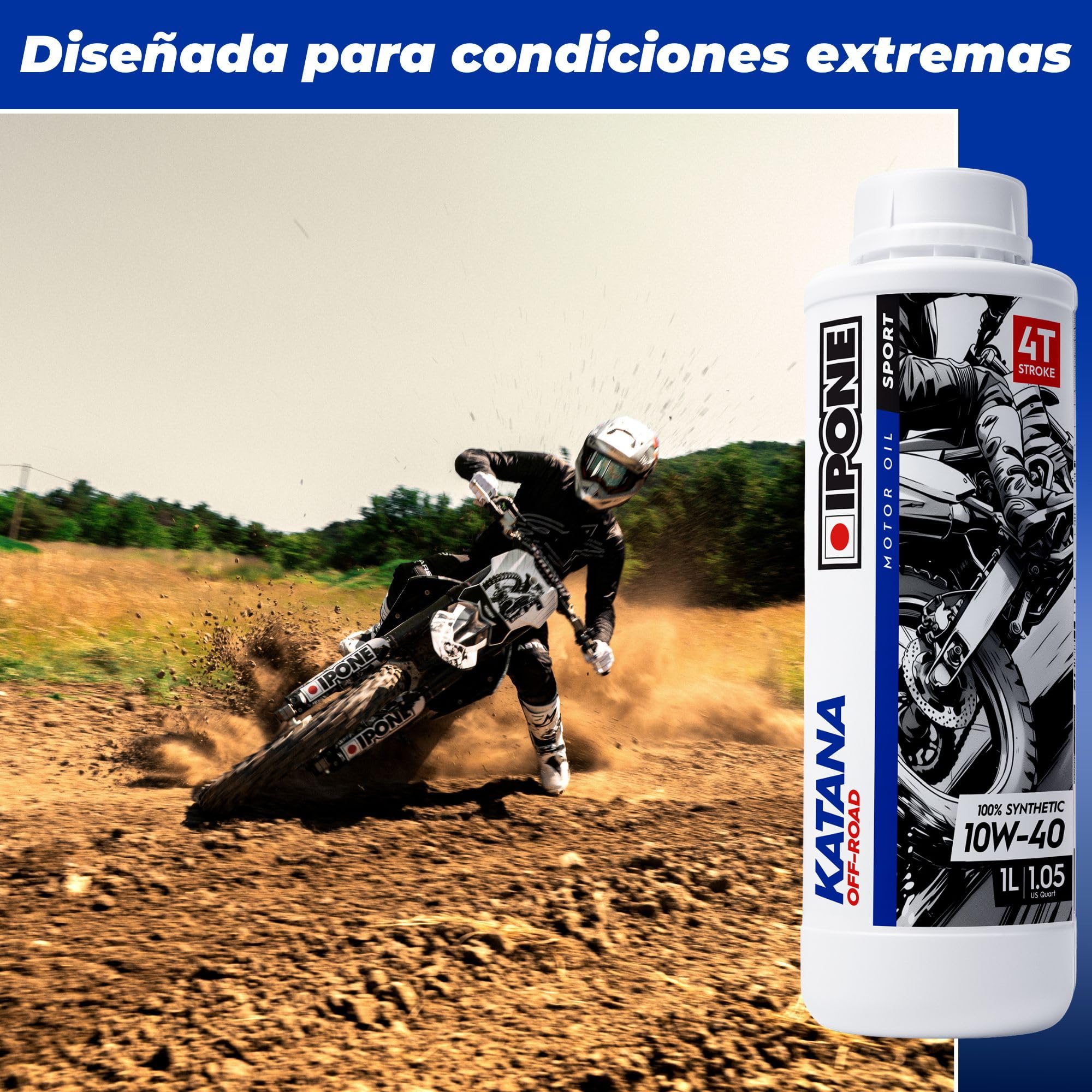 IPONE - Aceite Motor Motos de 4 Tiempos 10W40 Katana Off Road -100% Sintético con Ésteres - Cambio de Marcha Rápido y Preciso - Bidón 4L