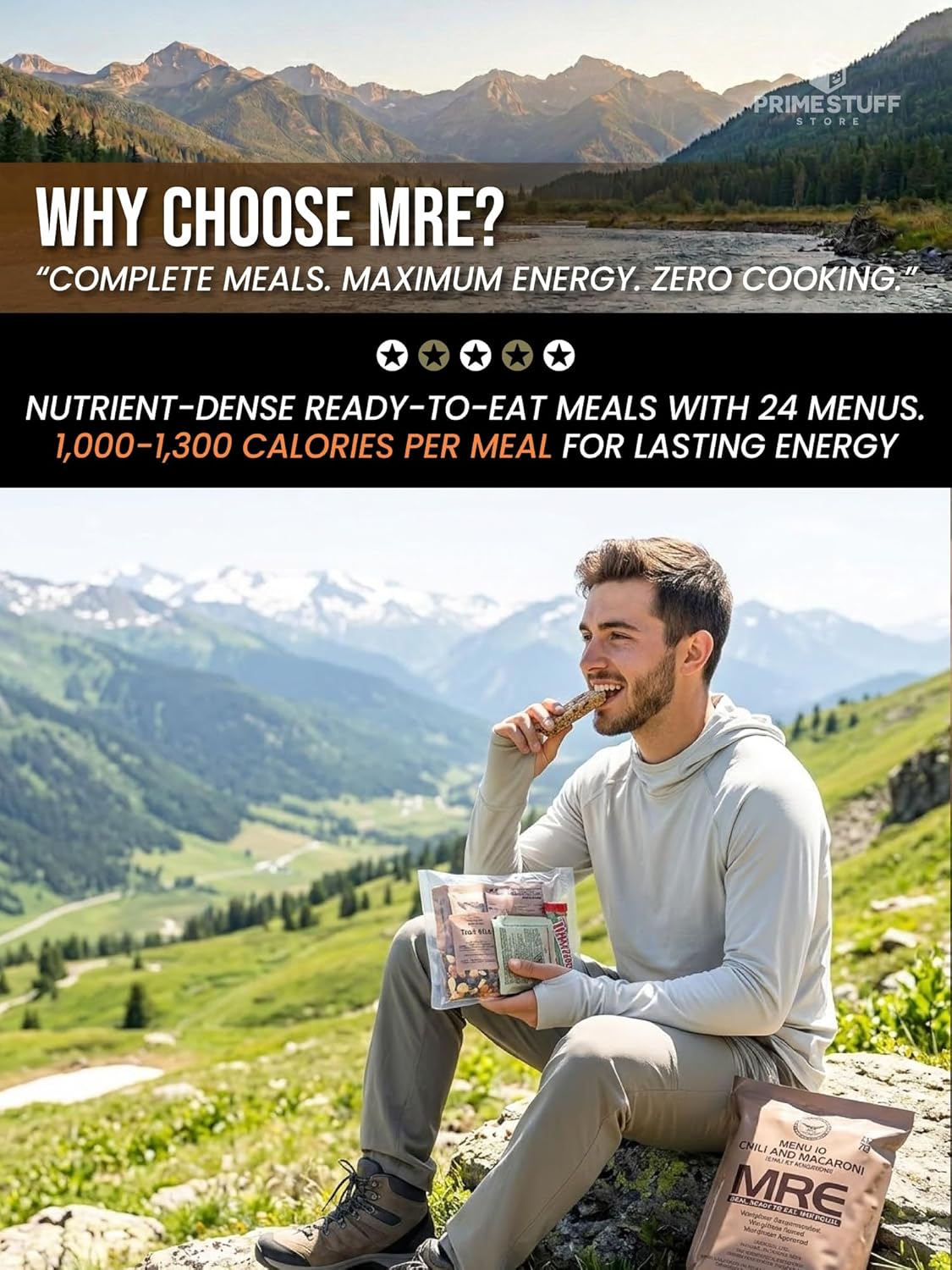 MRE Meals Ready to Eat – Military Survival Food Kit for Camping, Hiking, Hunting, Fishing, Outdoor Adventure & Emergency Preparedness – Complete Meal Rations with Flameless Heater, Long Shelf Life (Inspection Date 2026), Random Menu 3 Packs