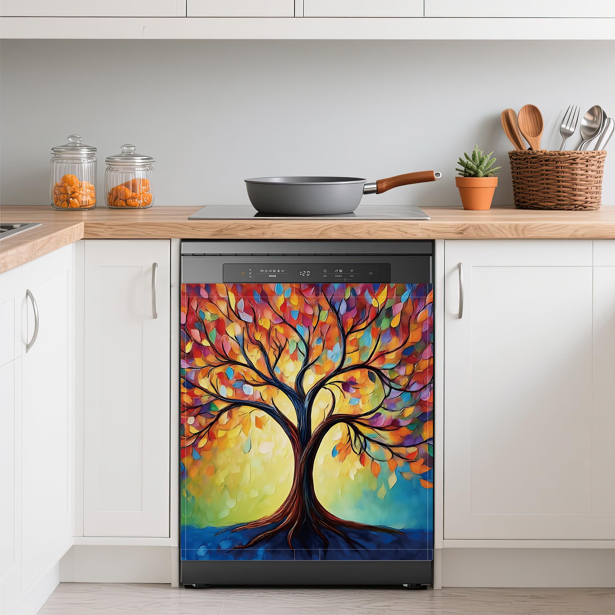 Dishwasher Cover,Tree of Life Reusable Dishwasher Magnet Cover,Decorative Abstract Colorful Tree Magnetic Refrigerator Cover Front Panel Cover for Kitchen Decor 23x26 Inch