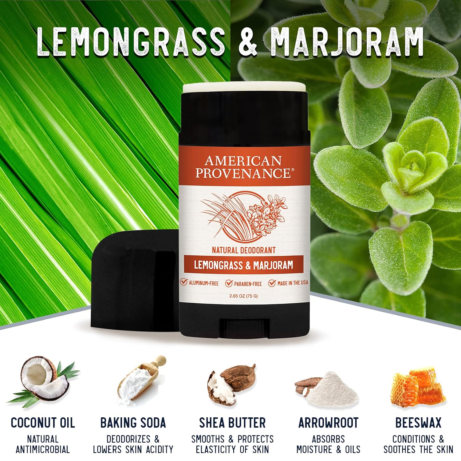 American Provenance All Natural Deodorant for Men - Aluminum Free Deodorant for Men that Lasts All Day - Made in the USA with Essential Oils & Cruelty Free - Lemongrass & Marjoram (2 Pack) image 2