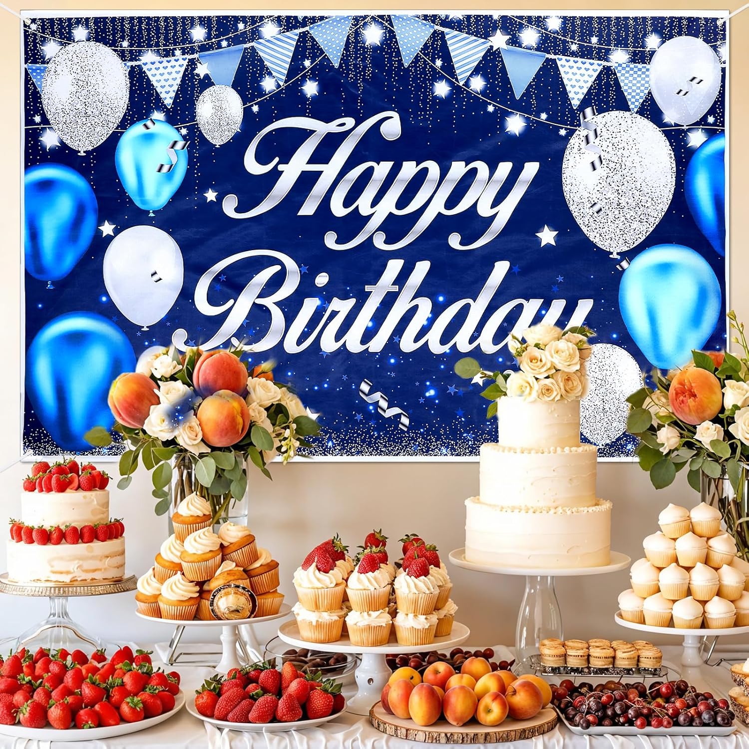 Yolev Happy Birthday Banner Sign Blue Silver Happy Birthday Decorations Large Backgroud Birthday Party Banners for Men Women Indoor Outdoor Party Decorations