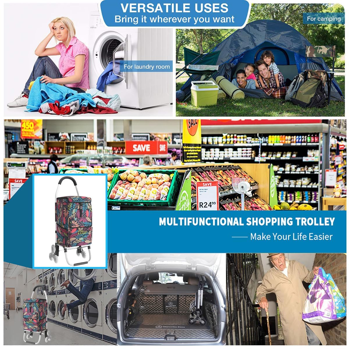 Carrello per la spesa pieghevole con 6 ruote, 60 l, impermeabile, design resistente per capacità di carico di 60 kg, ideale per il mercato della spesa e uso esterno