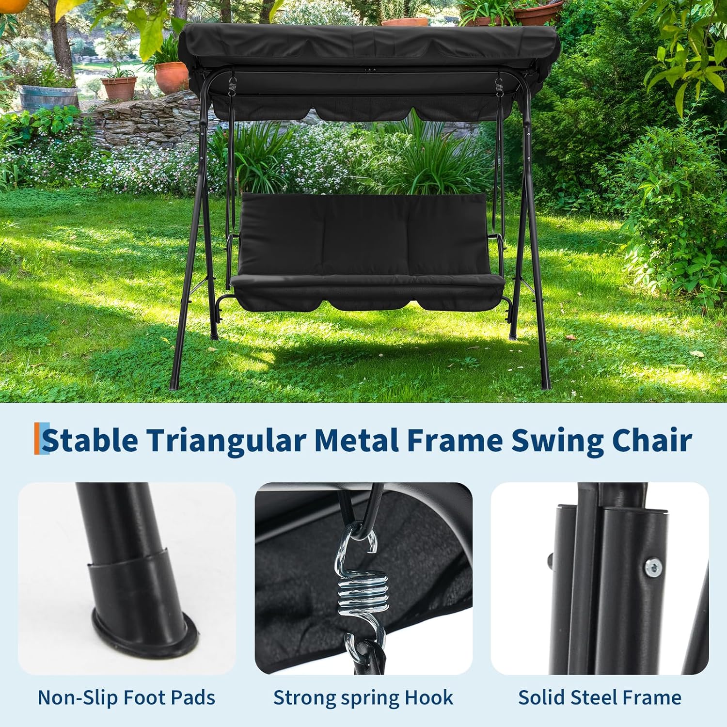 3 Person Porch Swing Chair,Outdoor Patio Swing Chair with Adjustable Canopy and Armrests,Breathable Fabric Seat & Backrest,Outdoor Swing for Backyard, Garden, 600 Lbs Max Load