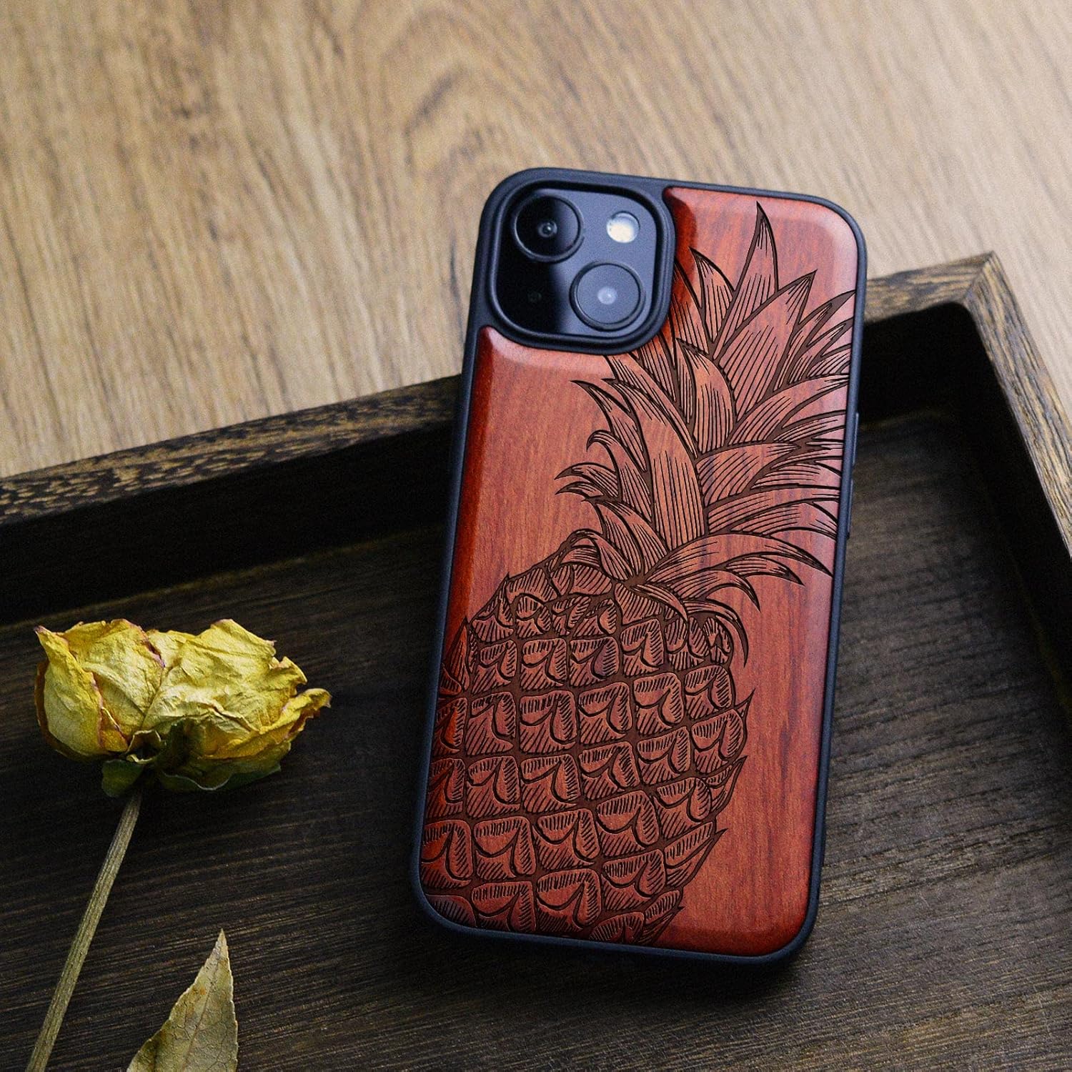 Carveit Magnetic Wood Case for iPhone 13 Case [Natural Wood & Black Soft TPU] Unique & Classy Wooden Shockproof Protective Cover Compatible with magsafe (Pineapple -Rosy)