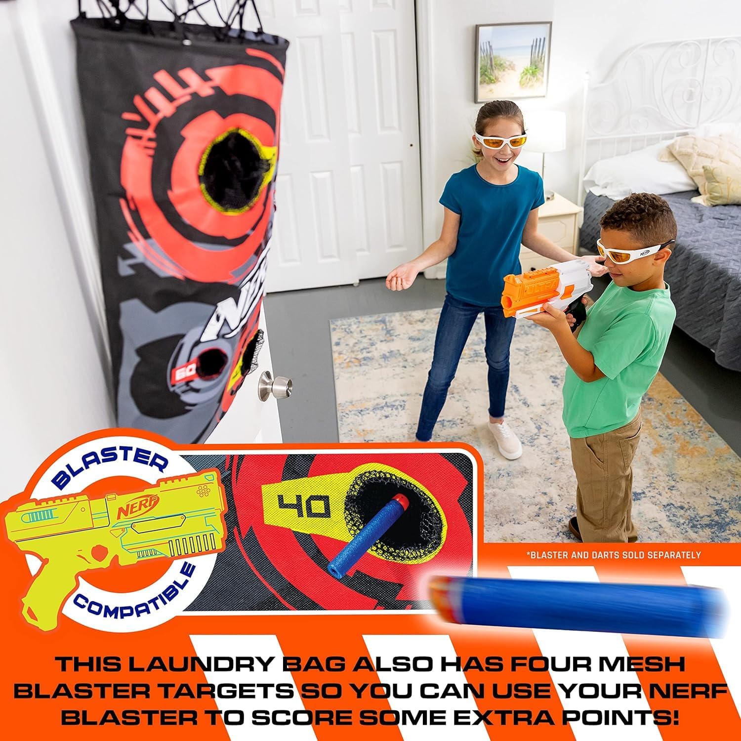 NERF Basketball Hoop Hamper - Laundry Layup Over the Door Basket + Shooting Target - Mini Hoop Hamper + Basketball Set