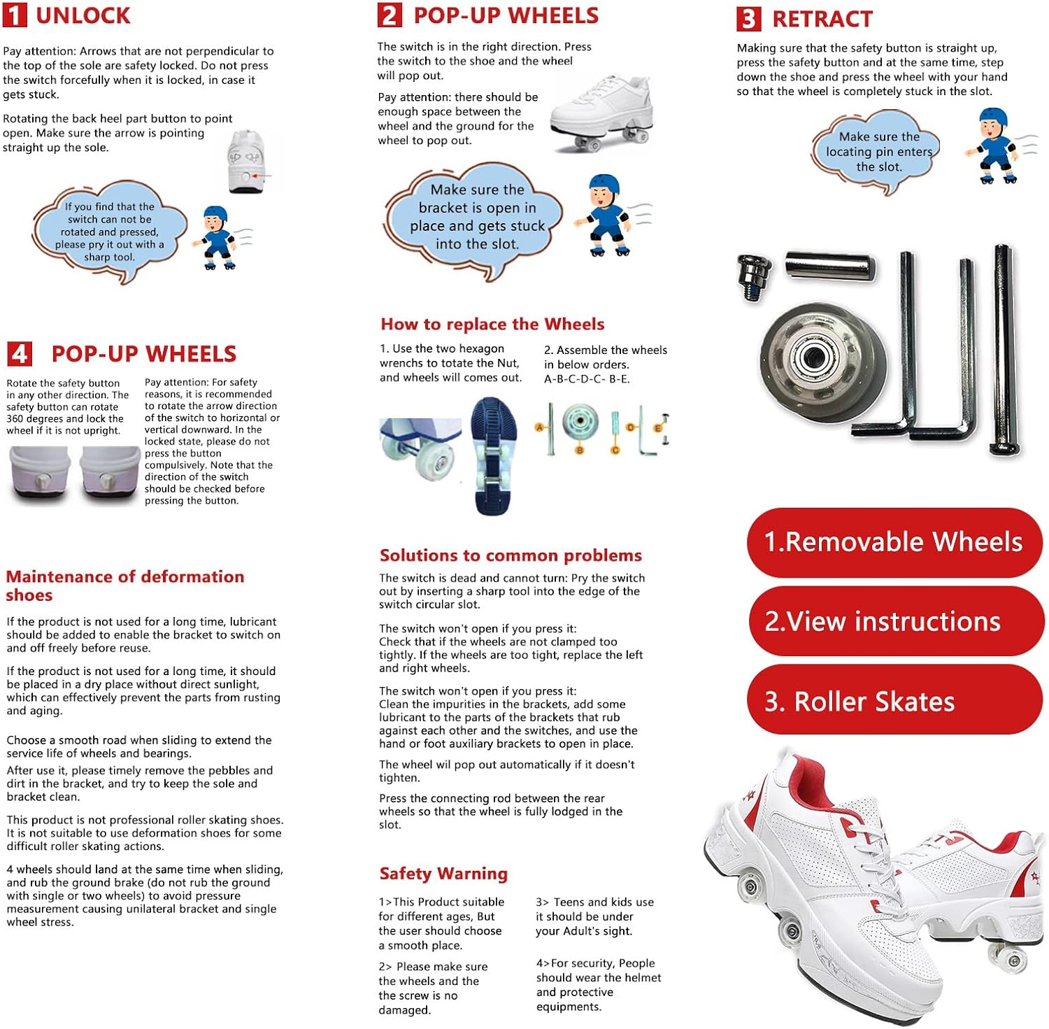 Roller Skate Shoes for Women Deformation Roller Shoes Multifunctional Roller Skates Invisible Pulley Shoes Skates Four Rounds Children's Roller Skates Outdoor Sneakers for Girls/Boys