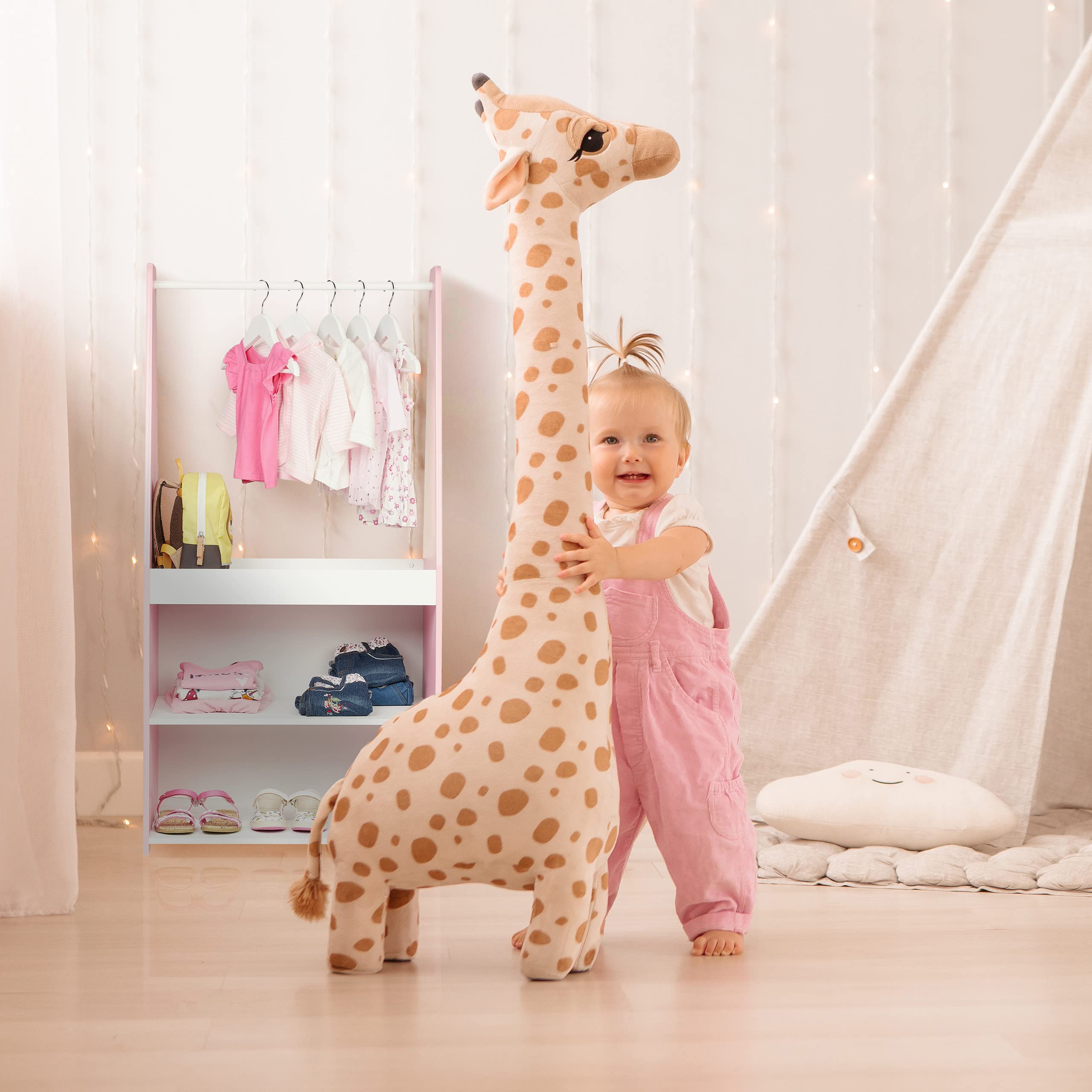 Relaxdays Perchero Burro Infantil, 120 x 60 x 40 cm, Estantería Niñas con 3 Cajones, Organizador Ropa, Rosa y Blanco, Madera