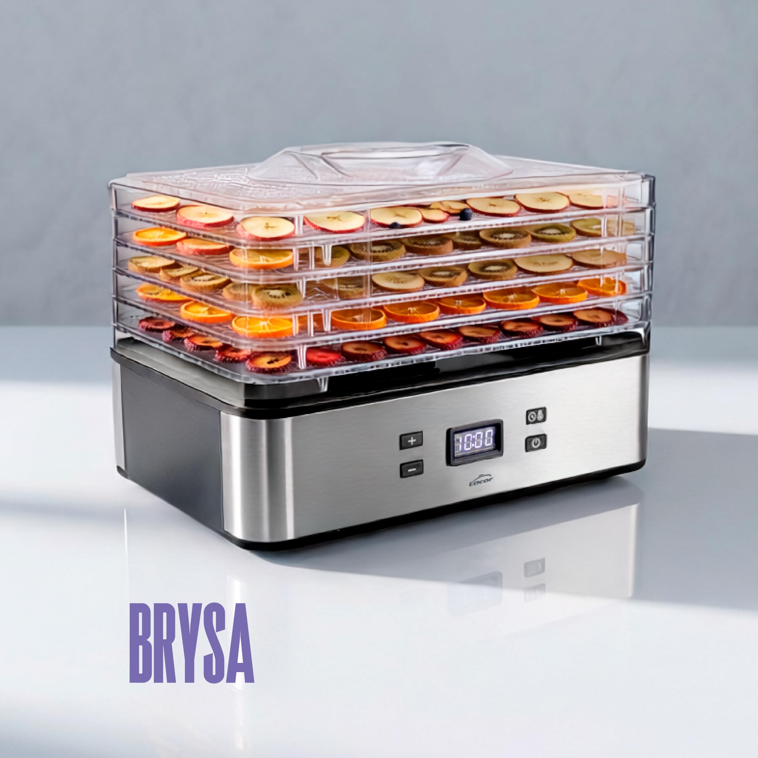 LACOR - 69522 - Deshidratador de Alimentos Eléctrico Bryssa Fruta Carne | 5 rejillas de acero inoxidable regulables; pantalla digital con temporizador; termostato 35-70°C; snacks saludables y setas