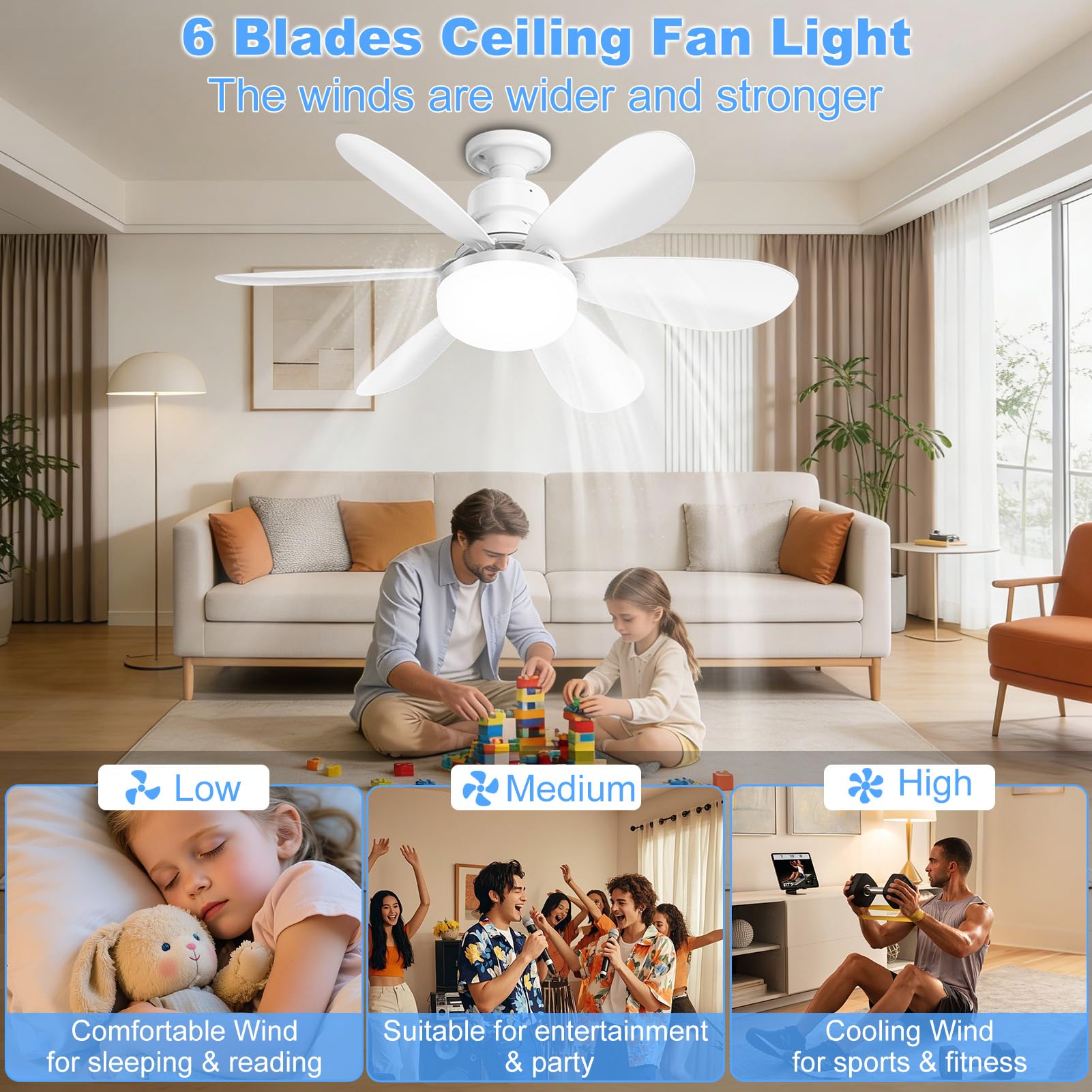 Ventilatore da soffitto con illuminazione e telecomando, 3 velocità, illuminazione a LED con protezione di emergenza timer dimmerabile 3000K-6500K, silenzioso, ideale per soggiorno o camera da letto