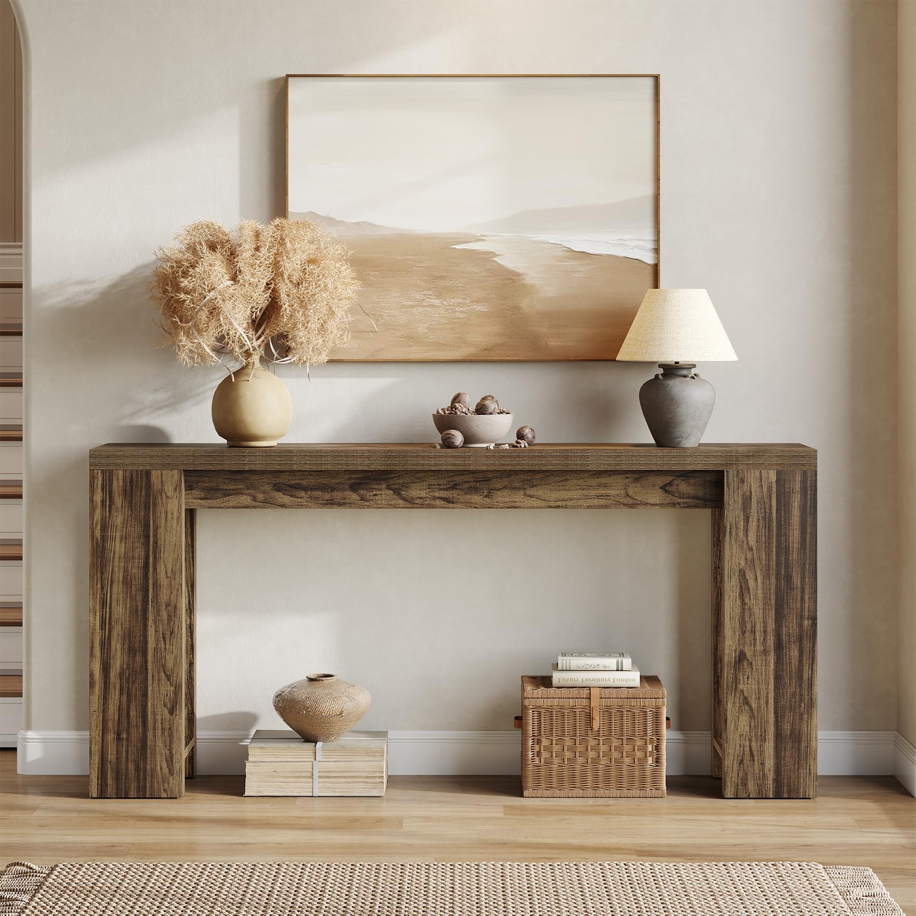 LITTLE TREE 70.9-Inch Long Entryway Table, Narrow Farmhouse Sofa Console Table for Living Room, Hallway, Walnut Brown
