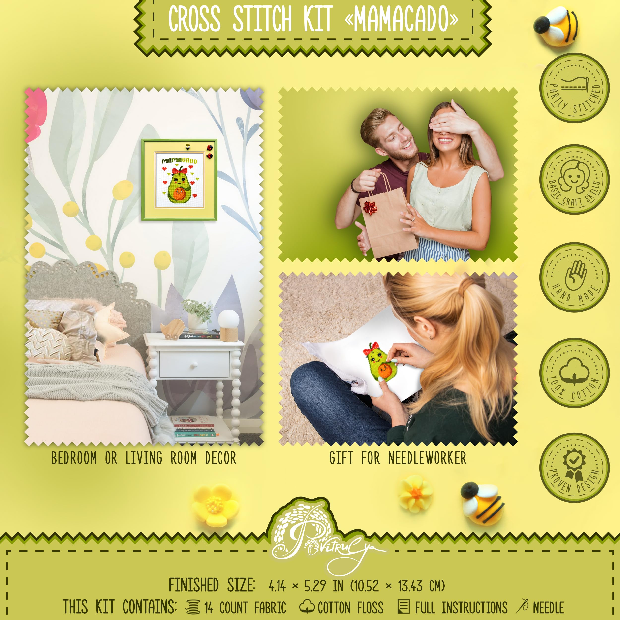 Povitrulya Kreuzstich-Set 'Mamacado' – DIY-Stickset Mit Aida-Stoff, Baumwollgarn & Muster, 11x14 Cm